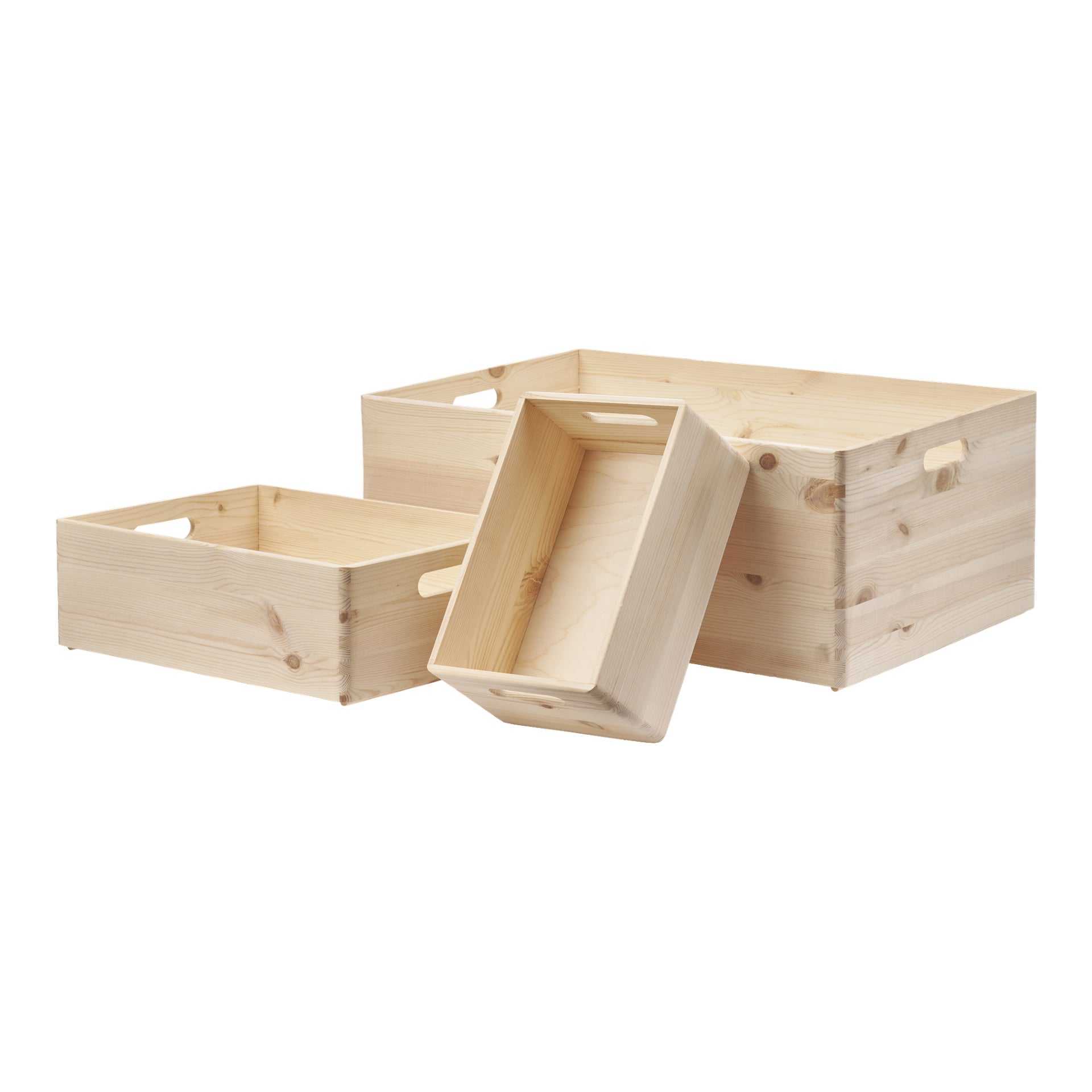Tre obehandlade lådor med ljus wood Hard Head visas. Två lådor står upprätt, och en är placerad i en vinkel inuti en annan. Alla lådor har sidoutskärningar som fungerar som handtag.
