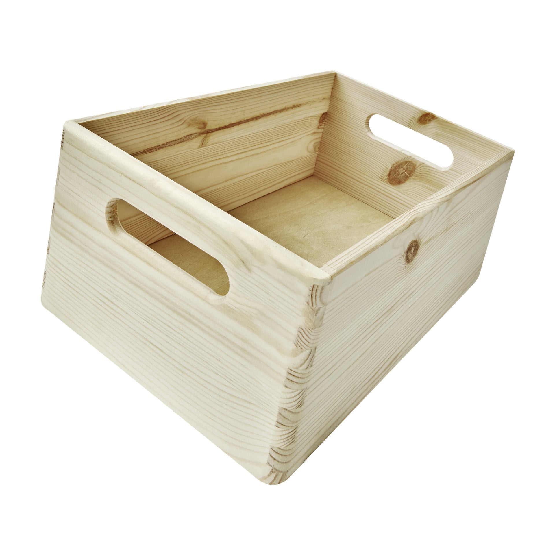 En enkel, ljustonad Hard Head Wood-låda med tydlig träådring, fingerfogade kanter och ett handtagsutskärning på varje sida. Lådan visas tom.