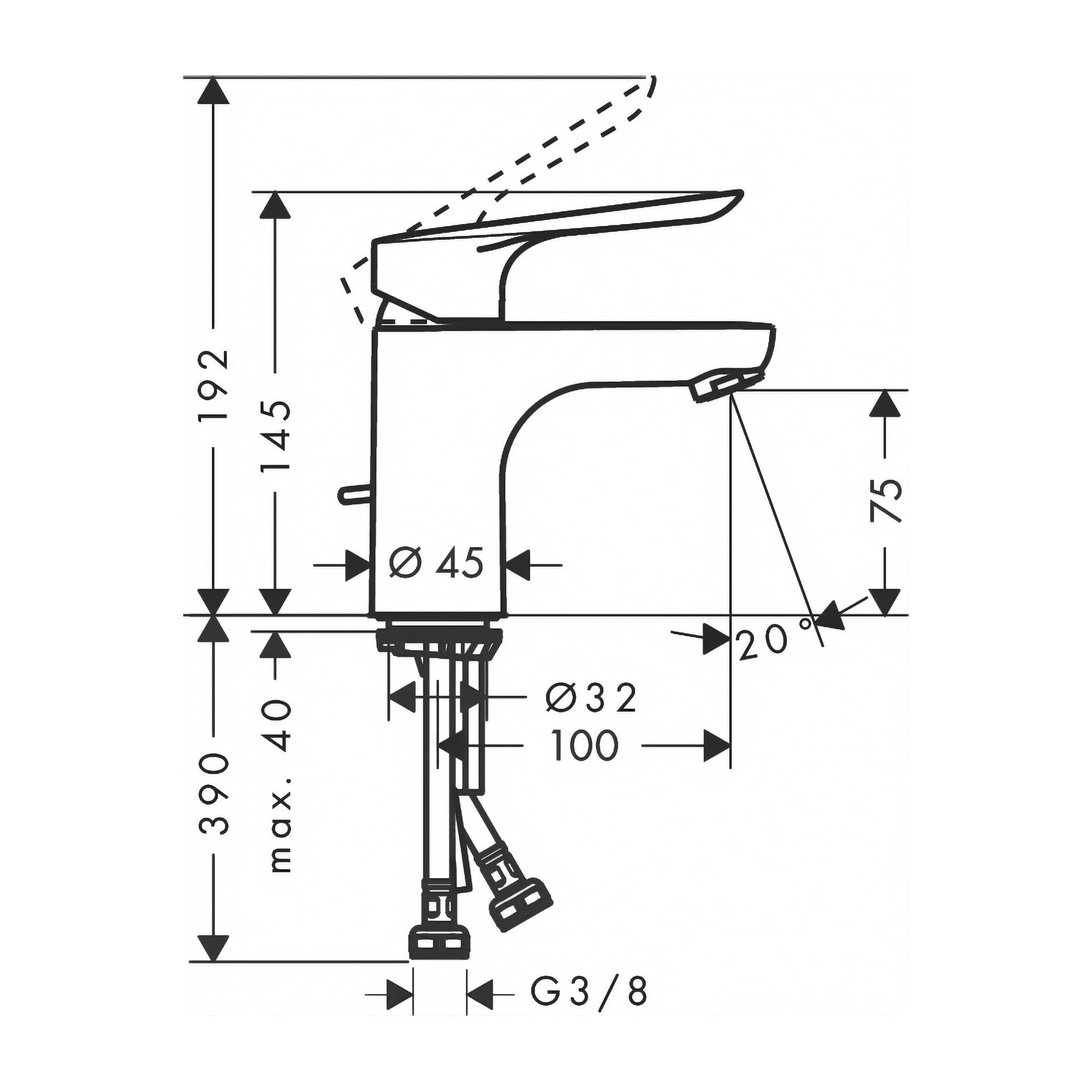 Teknisk tegning som viser Hans Grohe vaskebassengblanderkran Logis E: høyde 192 mm, tut 75 mm over bunnen, tutvinkel 20°, maksimal monteringsdybde 40 mm, bunndiameter 45 mm, G3/8 rørforbindelse.
