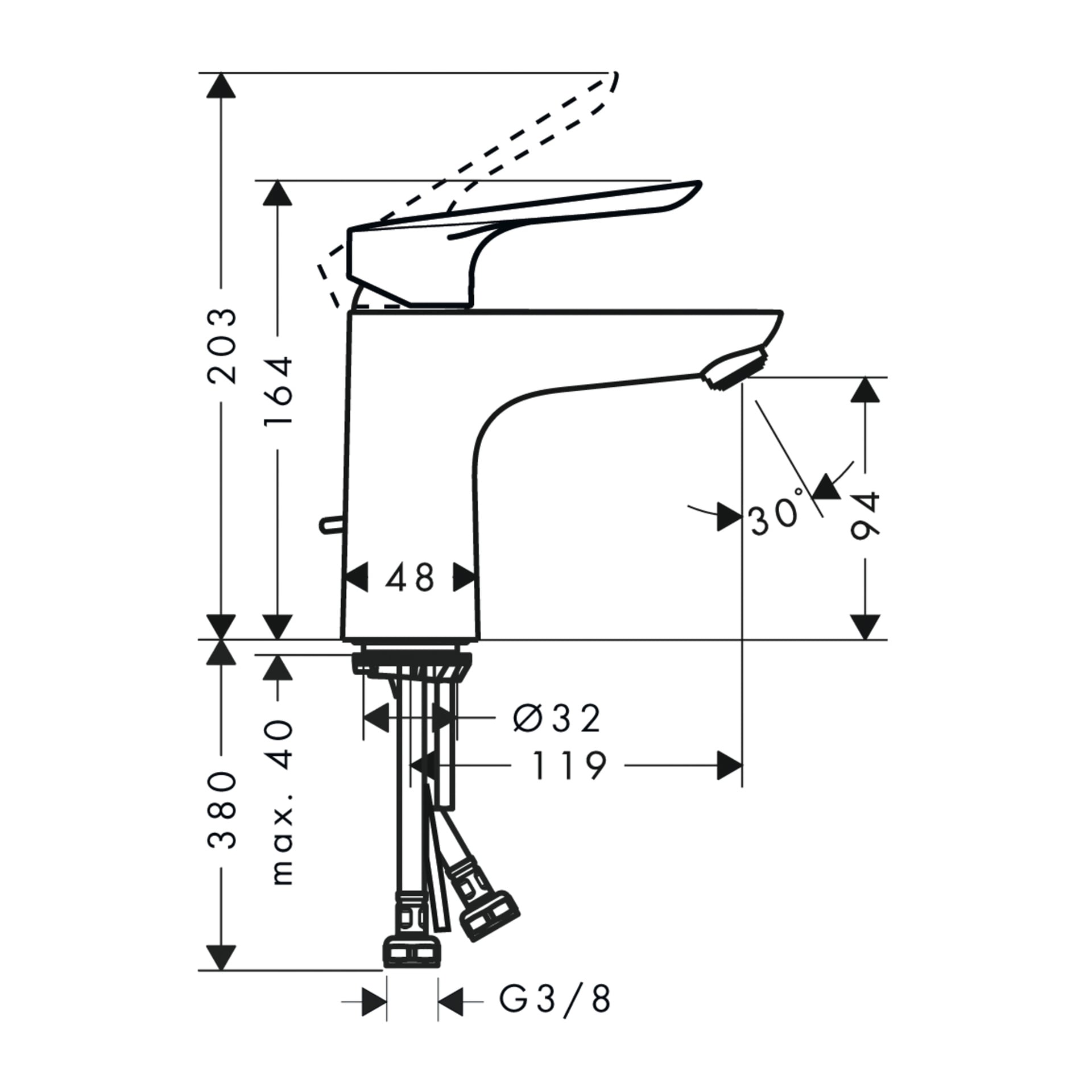 Teknisk tegning av Hans Grohe Logis E vaskmikser: høyde 203 mm, tut 94 mm, spakrotasjon 30°, bunndiameter 48 mm, monteringshulldiameter 32 mm, slangelengde 380 mm, tilkobling G3/8.