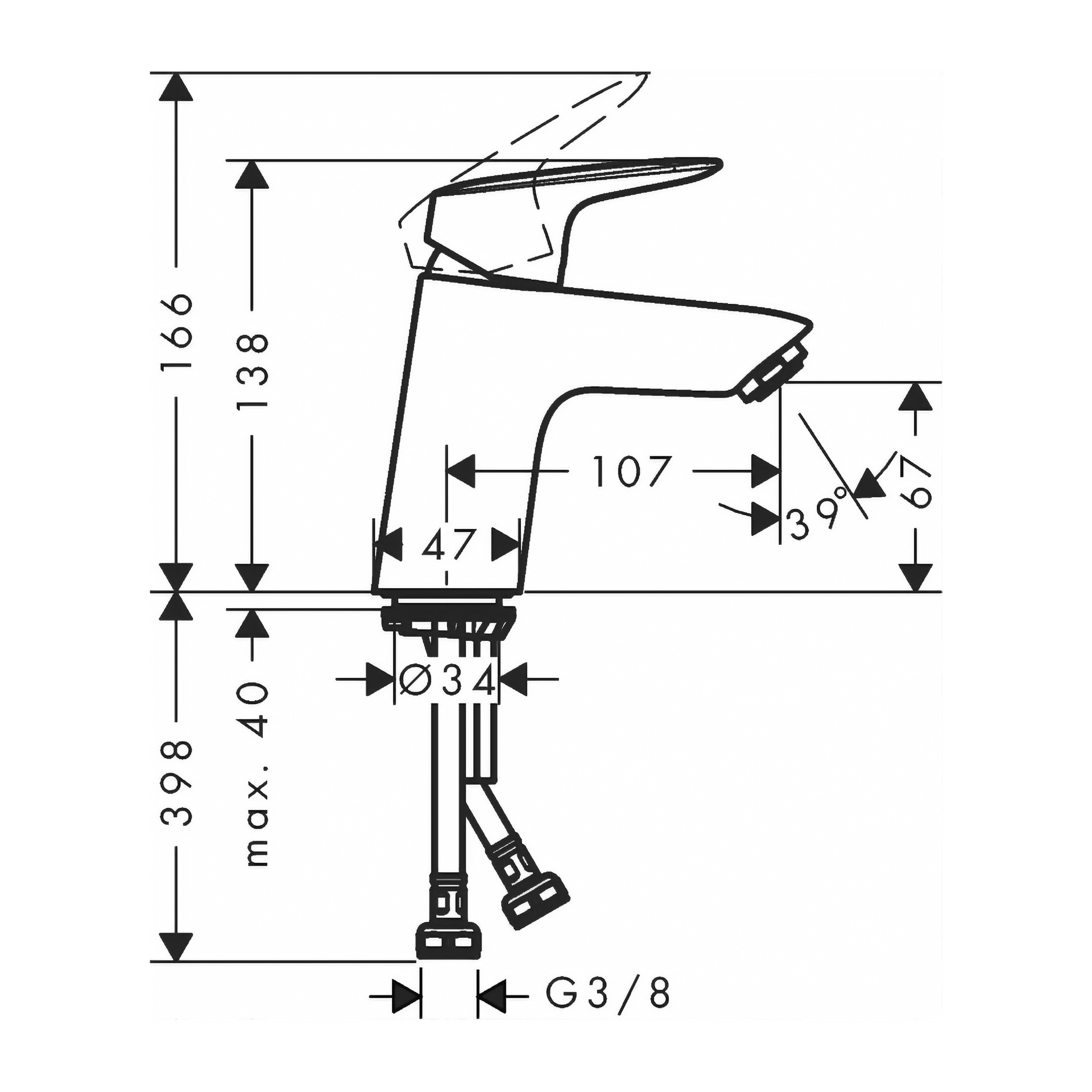 Svartvit teknisk ritning av Washbasin mixer tap Logis 70 av Hans Grohe med pilar och siffror som visar mått för höjd, piplänge, handtagshöjd, diameter, slanglängd och anslutningsstorlek.