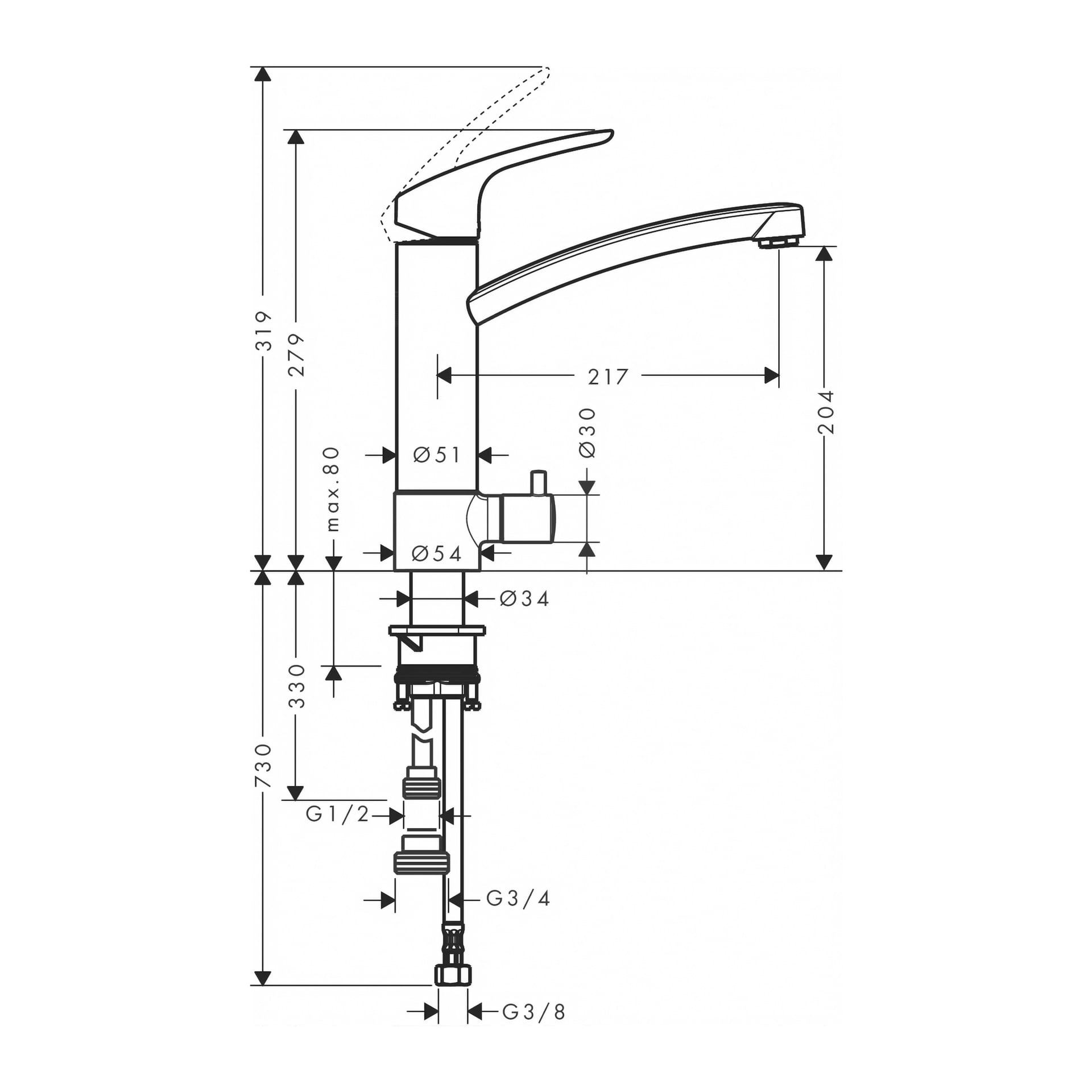 Teknisk tegning av Hans Grohe Kitchen mikserkran Focus, som viser front- og sidebilder med merkede mål i millimeter: tutelengde, høyde, diameter og koblingsspesifikasjoner.