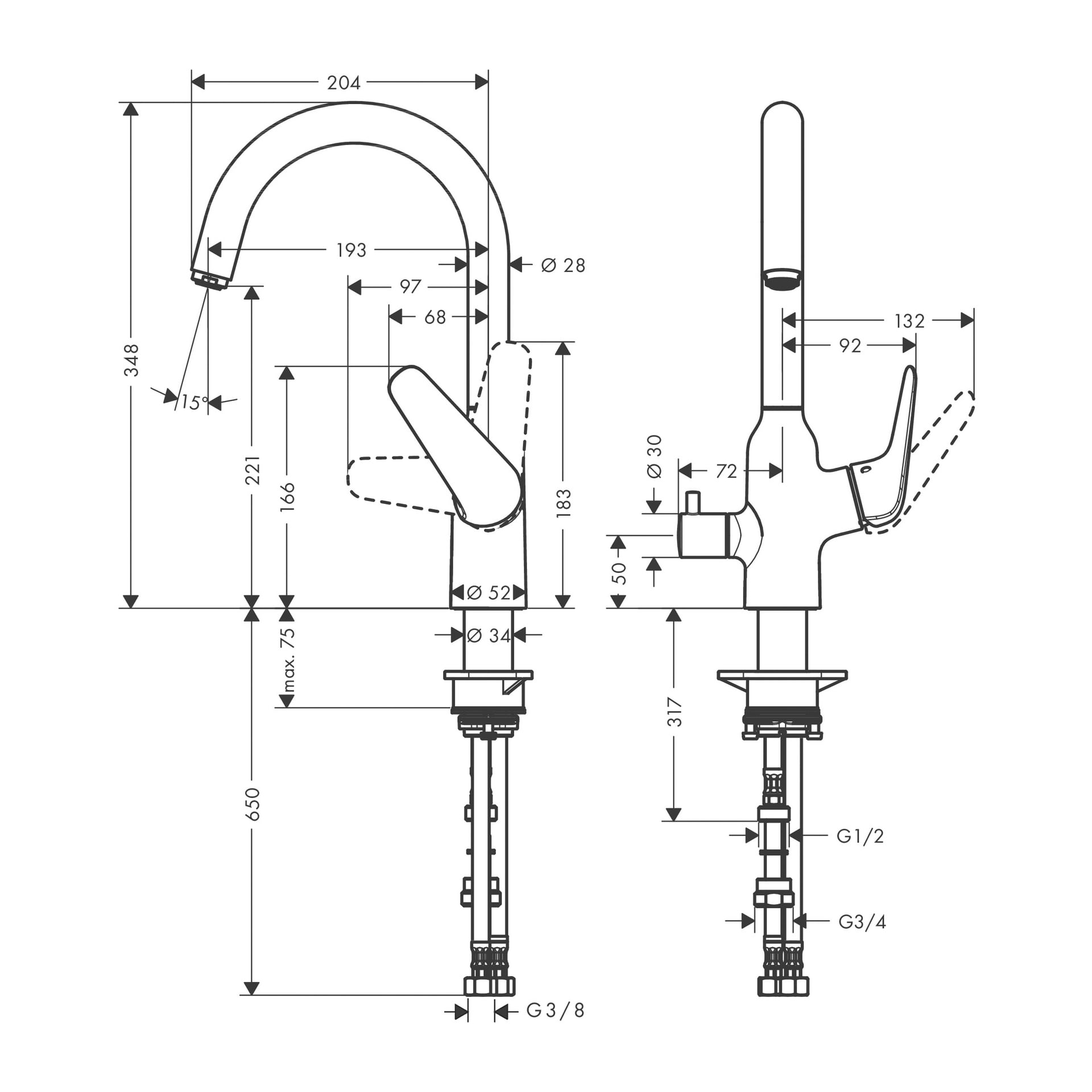 Teknisk tegning av Hans Grohe kjøkkenmikserkran M42 med mål i millimeter. Bildet viser front- og sidevisninger, koblinger merket som G 3/8, alle mål tydelig markert, og omriss som indikerer håndtaks- og tutposisjoner.