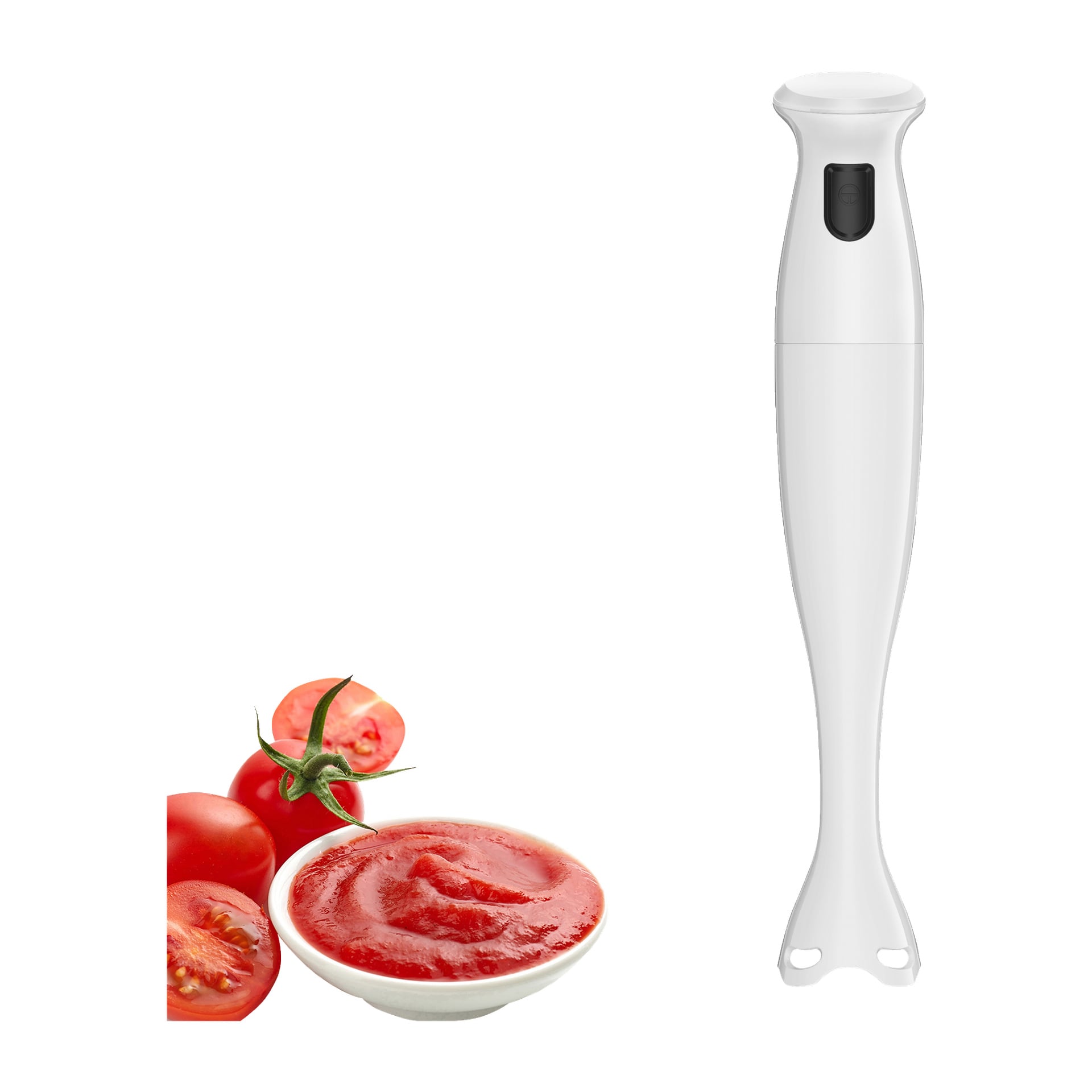 En vit Menuett-handmixer står upprätt bredvid en skål tomatpuré och tre tomater, en delad på mitten.