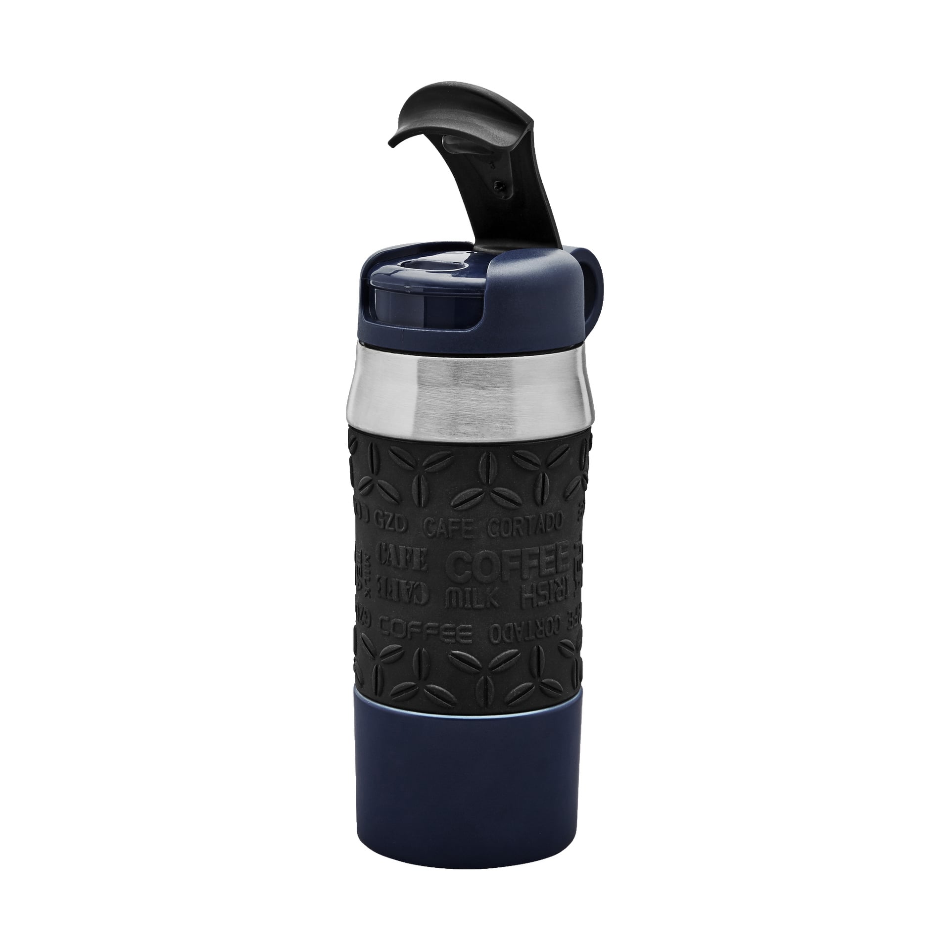 En mörkblå och svart Kayoba Thermos-mugg med ett texturerat grepp dekorerat med kaffeord och bönmönster, accentuerad av ett rostfritt stålband. Locket med flip-lock är öppet och avslöjar pipen för dricksvatten.