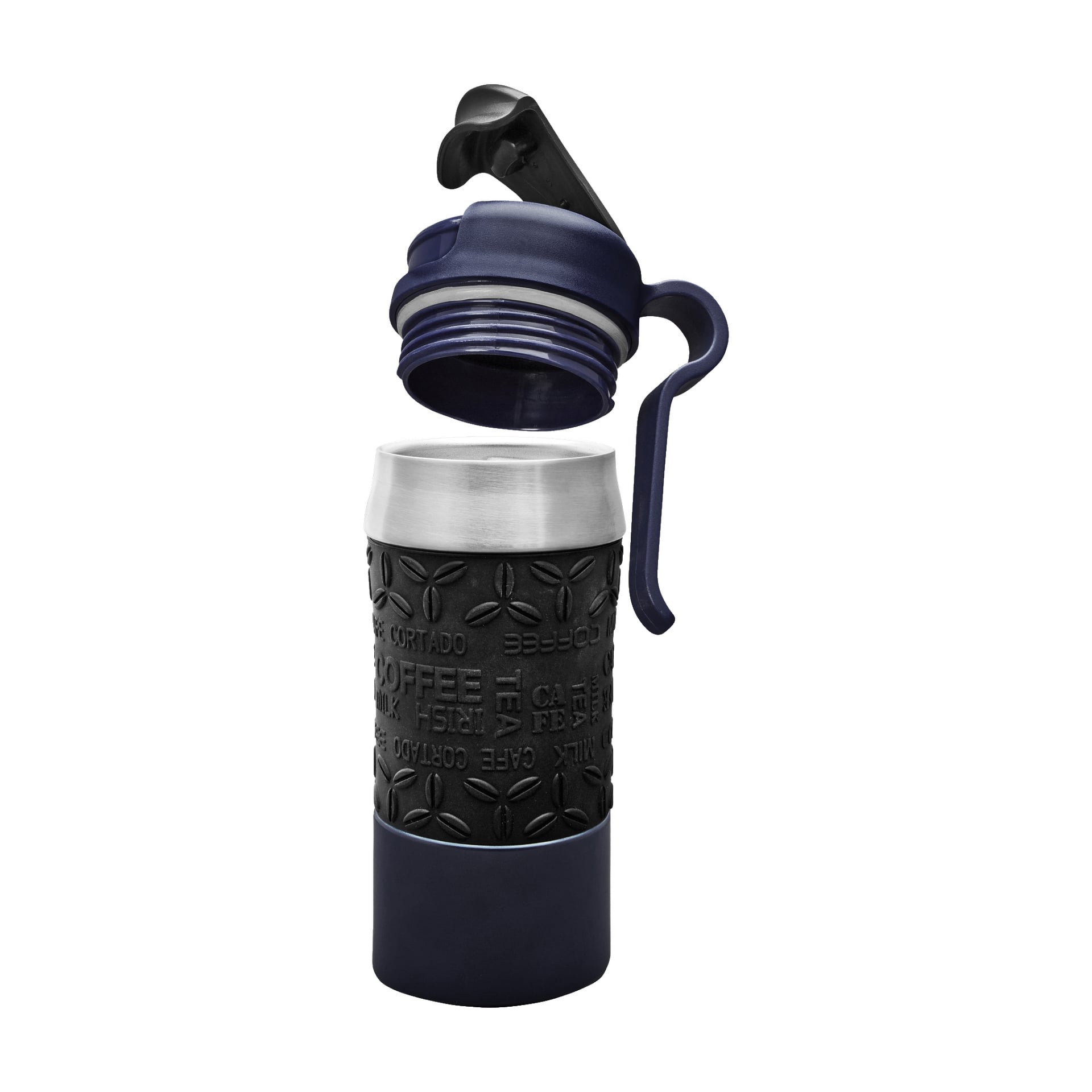 En Kayoba Thermos-mugg med svart texturerat grepp och ett marinblått lock, synligt med locket borttaget och placerat ovanför muggen.