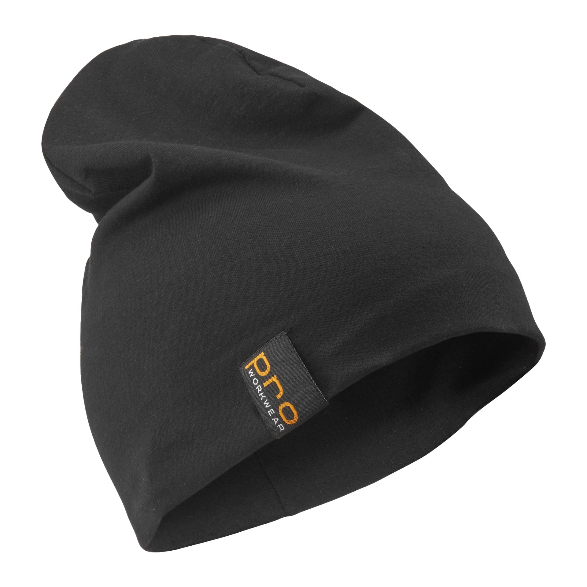 Eine schlichte schwarze Bluewear Pro Workwear-Mütze mit einem kleinen rechteckigen schwarzen Etikett am Rand, auf dem "Pro" in Orange und "Workwear" in weißer Schrift stand. Der Hut besteht aus weichem, dehnbarem Material.