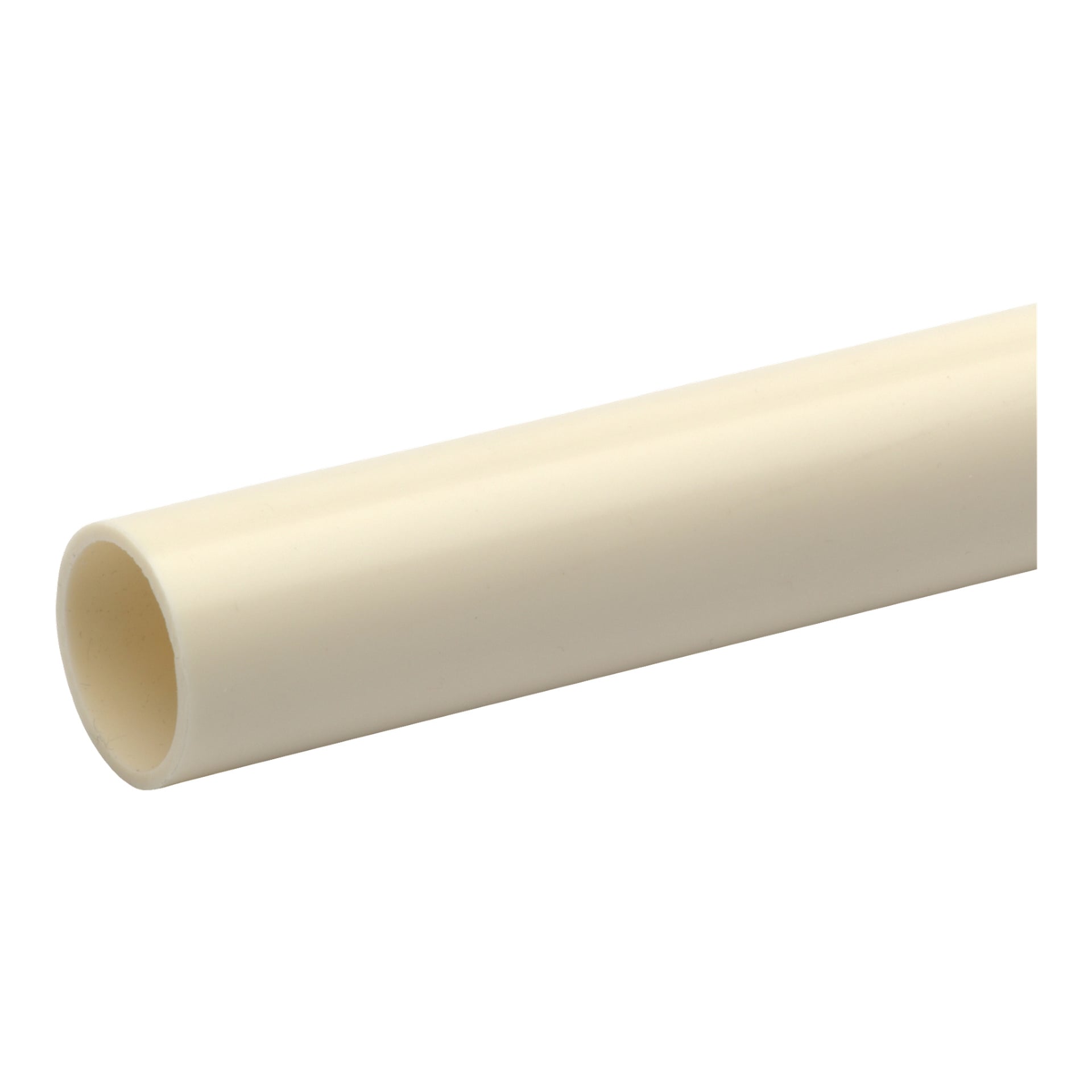 Lähikuva PM Flex Vinyl -putkesta, jossa näkyy beige sylinterimäinen muoviputki, jossa on sileä ulkopinta ja ontto keskiosa, sijoitettuna vinottain.