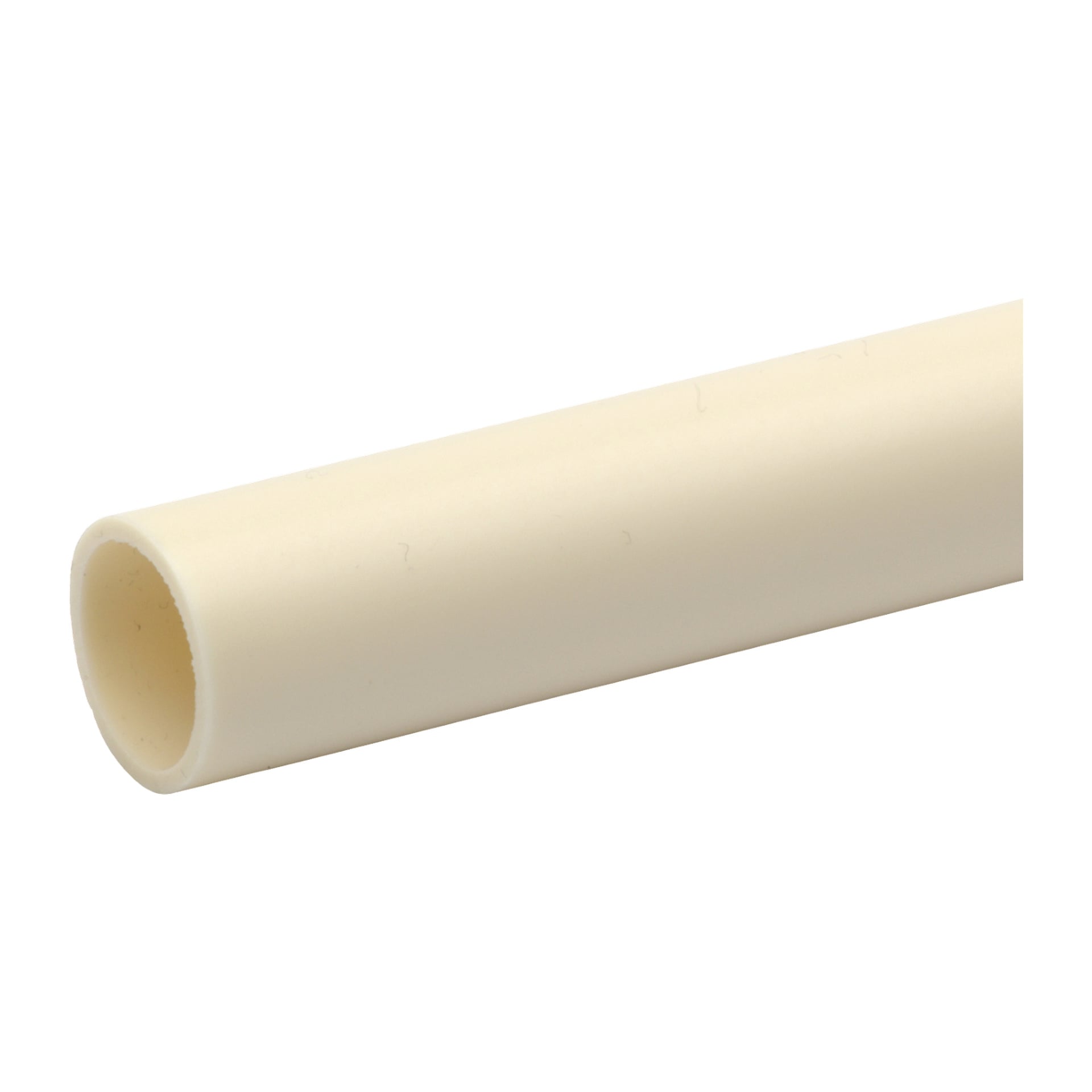 Et nærbilde av et enkelt offwhite PM Flex vinylrør plassert diagonalt. Den kuttede enden avslører dens hule indre og glatte overflater både innvendig og utvendig.