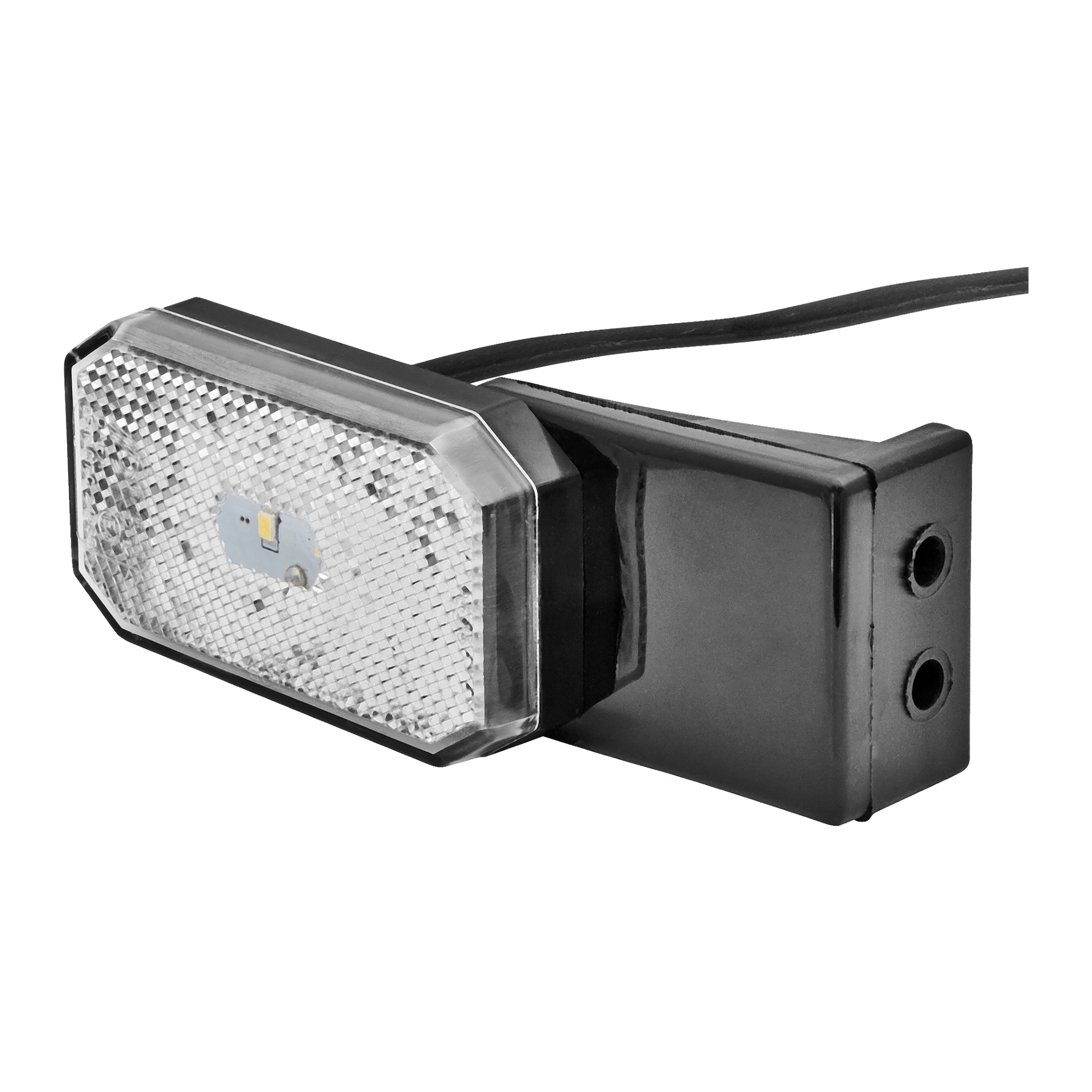 En rektangulär Hamron Position-lampa med en klar, texturerad lins och svart hus är kopplad till en svart strömkabel. Två skruvhål finns på sidan av höljet.