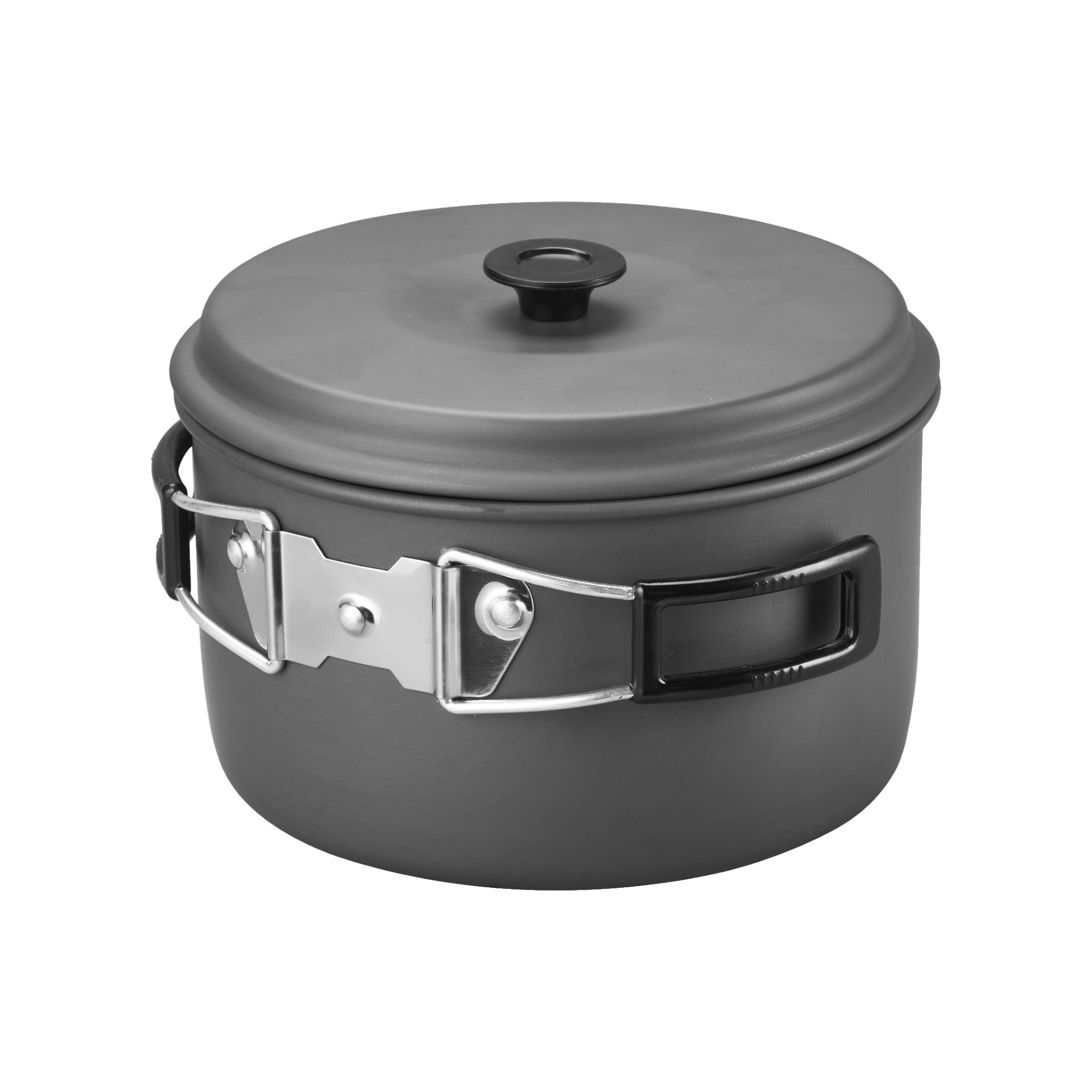 En grå metallgryta från Kayoba Outdoor Cookware 5-delat set har ett lock och ett svart fällbart låshandtag.
