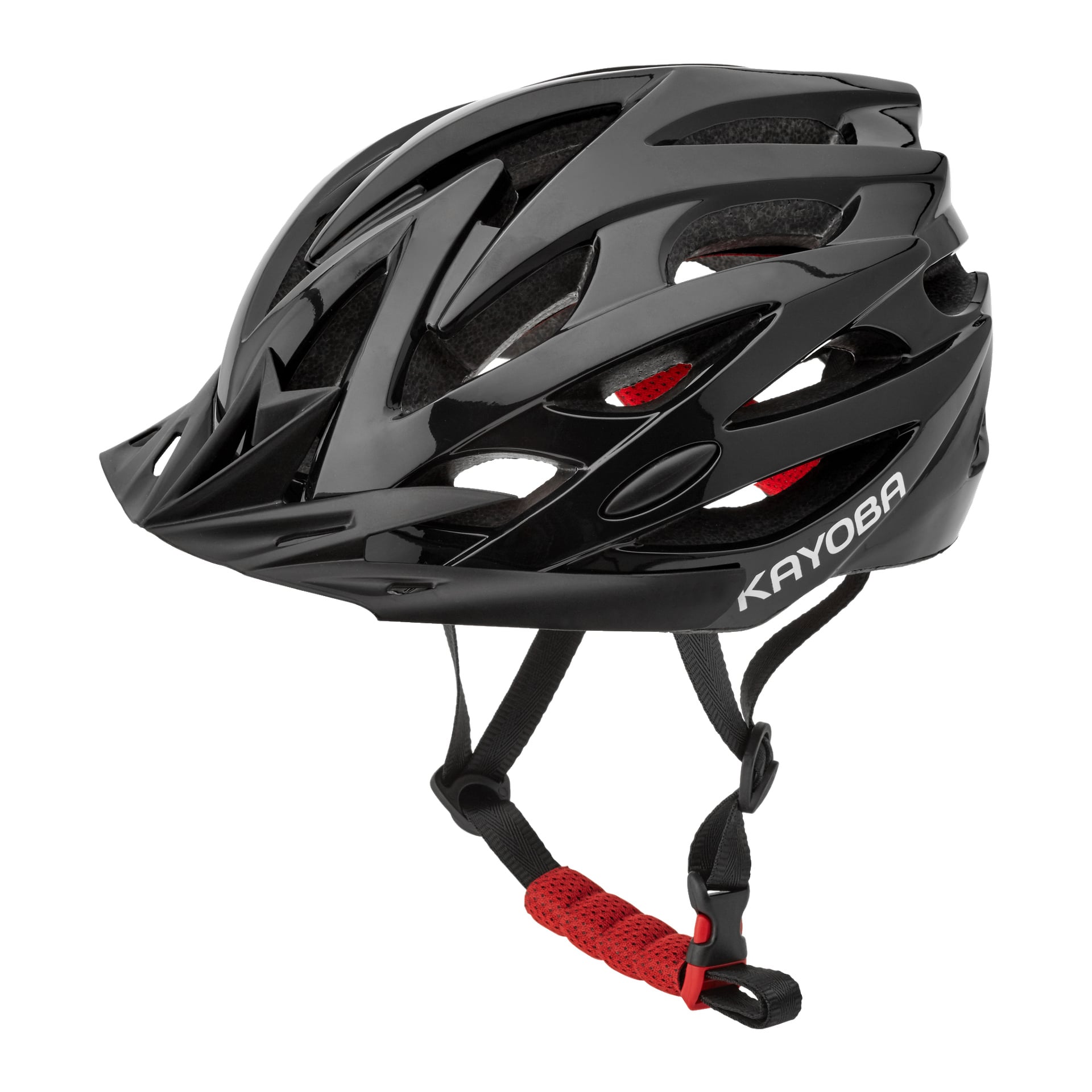 Schwarzer Kayoba-Fahrradhelm mit Lüftungsschlitzen, einem Visier und einem Kinnriemen mit rot gepolstertem Bezug.