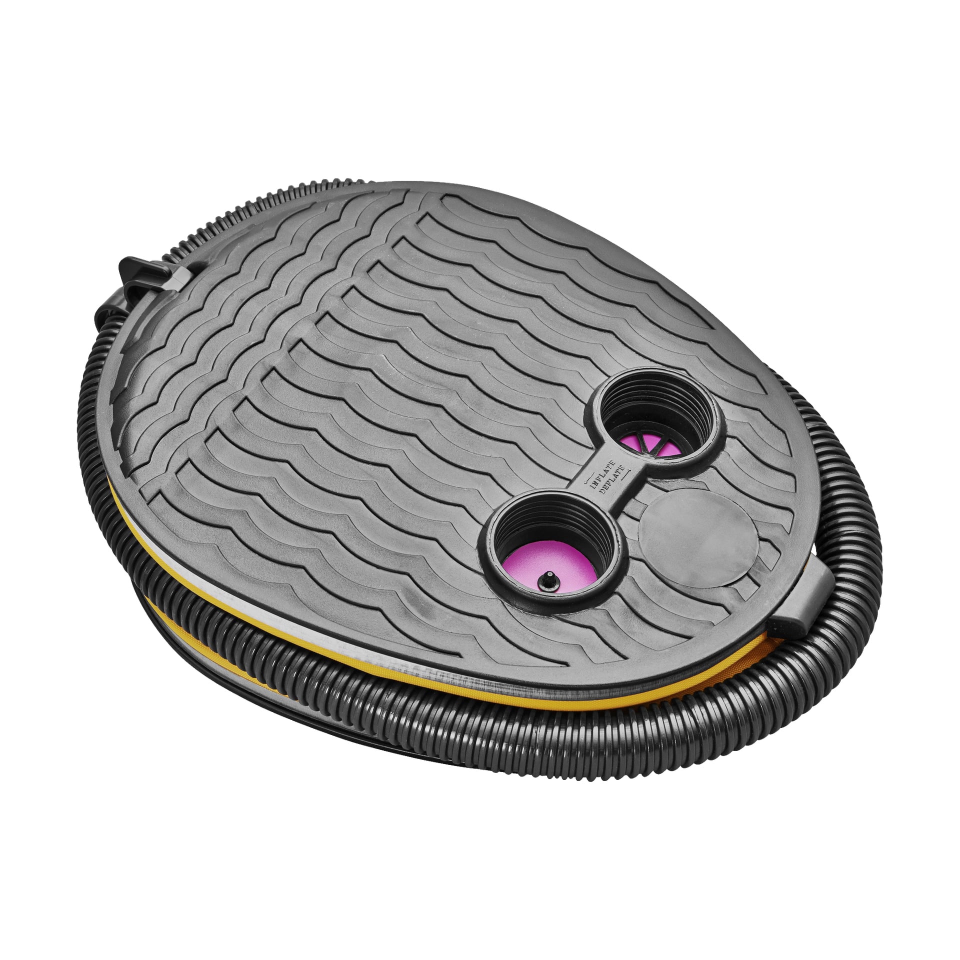En svart, ovalformad plastfotpump från Kayoba med vågiga texturerade linjer på ytan. Den levereras med en ribbad slang och två cirkulära ventilöppningar klädda i lila.