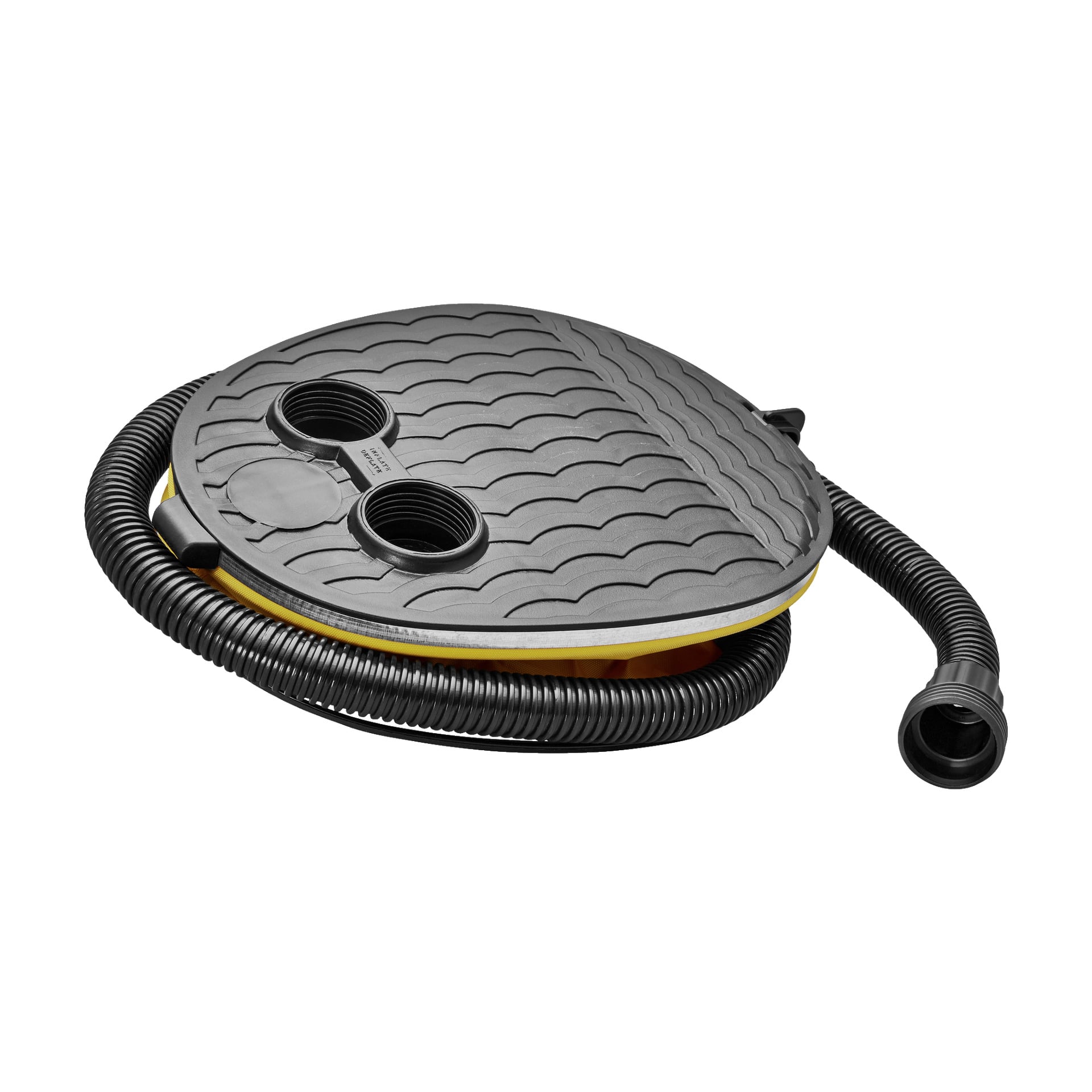 En svart och gul Kayoba fotpump med texturerad yta, två ventilöppningar och en flexibel slang fäst, lämplig för att snabbt blåsa upp eller tömma luftmadrasser och andra uppblåsbara föremål.