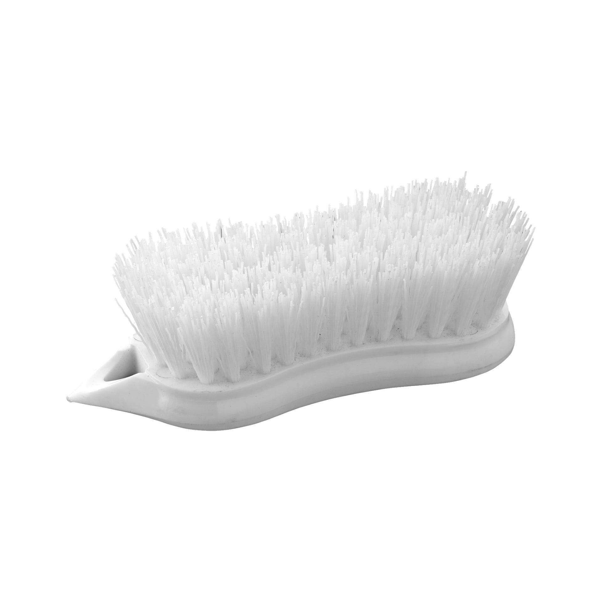 Szczoteczka Menuett Vegetable z sztywnym włosiem i zakrzywioną, ergonomiczną białą plastikową rączką, pokazana pod kątem.