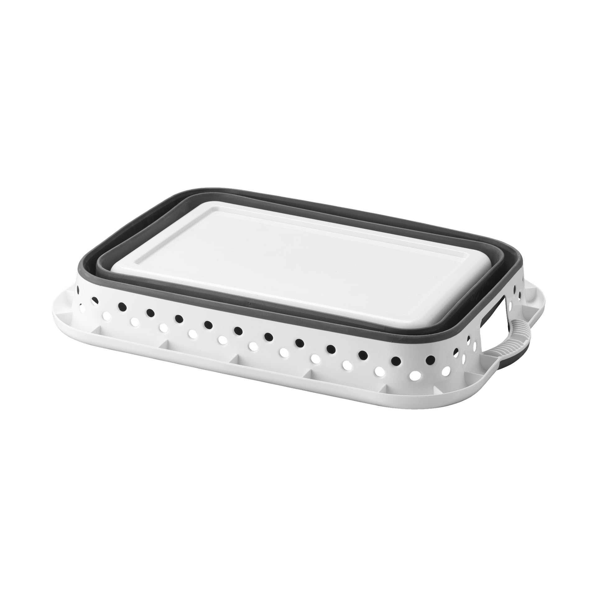 Menuett sammenleggbar vaskekurv er en rektangulær hvit og svart plastbeholder med et tilhørende lokk, sideventilasjonshull og håndtak i begge ender.