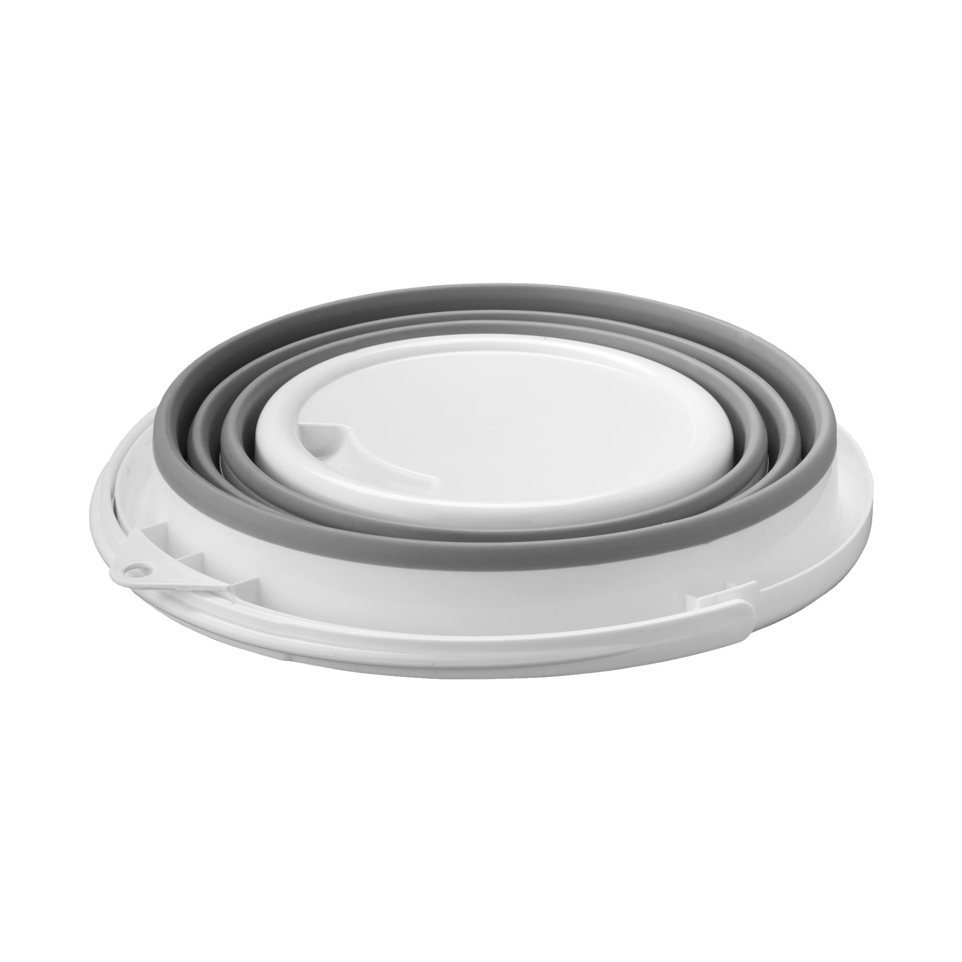 Biało-szare plastikowe składane wiadro Menuett pokazane jest w stanie kompaktowym, spłaszczonym.