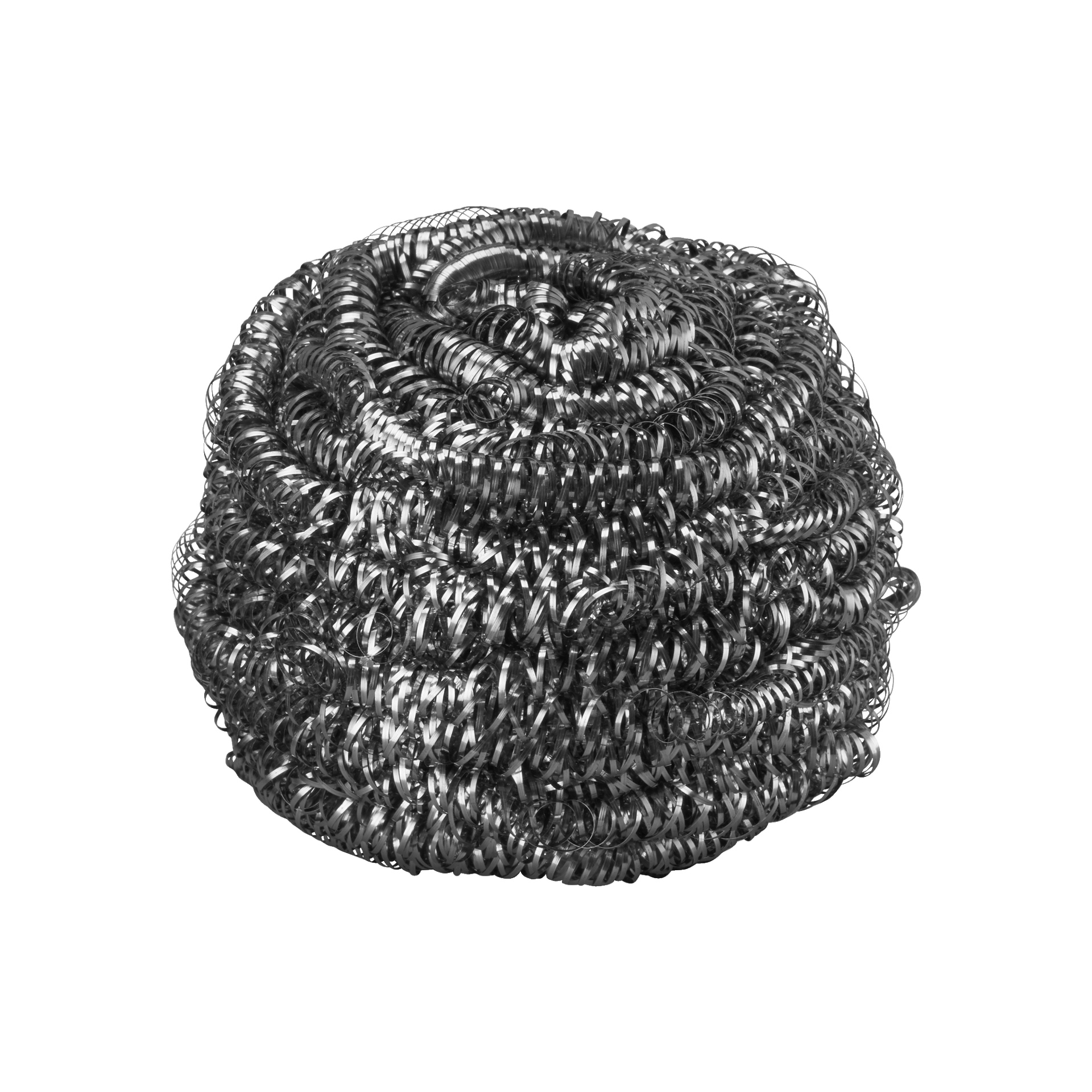 En närbild av Menuett Steel Wool 2 Pack visar runda metalliska skrubbmaskiner gjorda av tätt virvlade ståltråd, avsedda för att skrubba bort slitna fläckar på köksredskap.