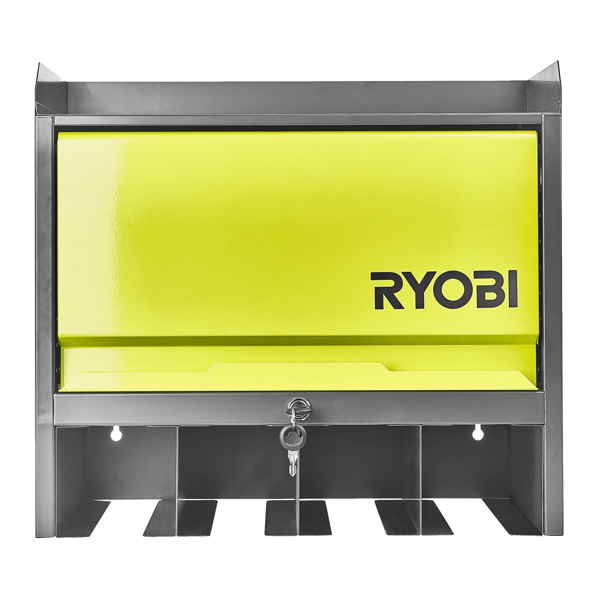 Ett livfullt gult Ryobi-väggskåp med en låsbar ytterdörr, två nycklar fästa vid låset och fyra upprättstående springor vid basen för förvaring av verktyg eller tillbehör.