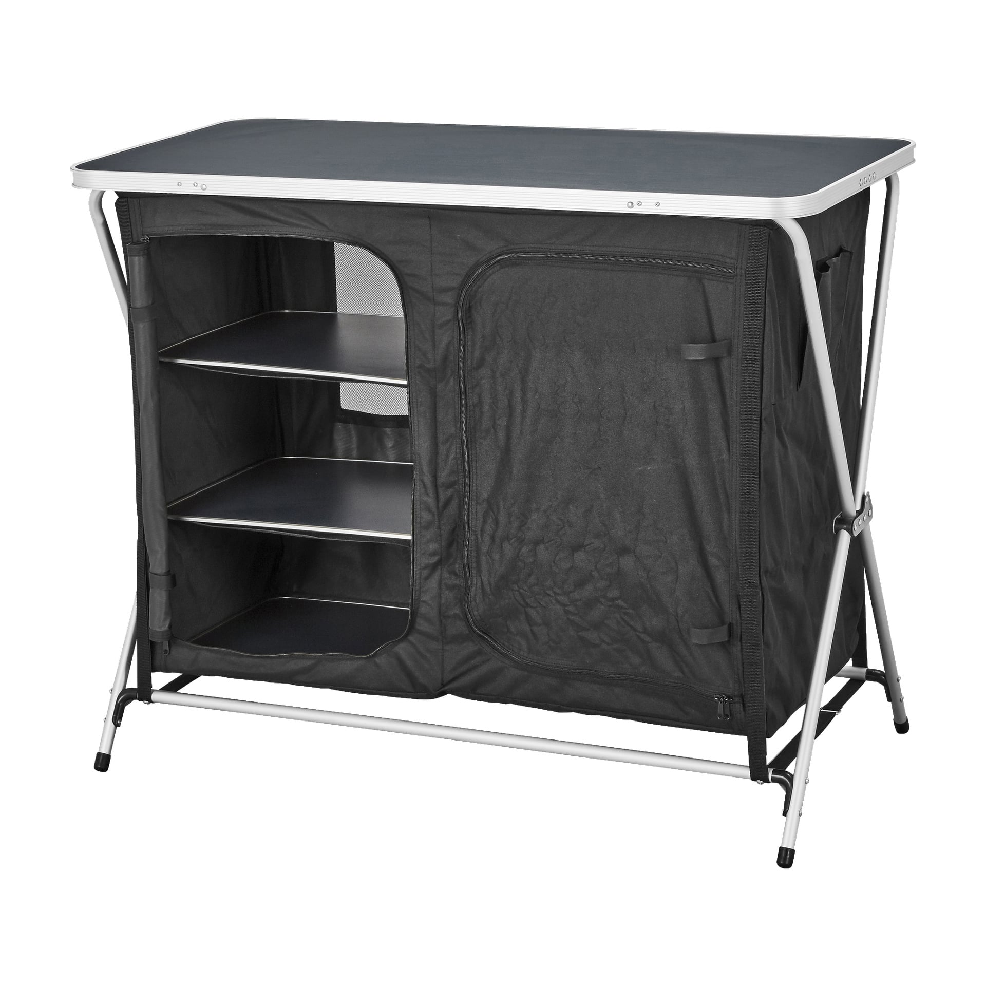 Kayoba Camping Cabinet 8 Pieces är en portabel campingköksenhet med svart tygutsida, tre hyllor synliga genom en nätpanel, en dragkedjasdörr på höger sida och en plan bordsyta stödd av en fällbar metallram.