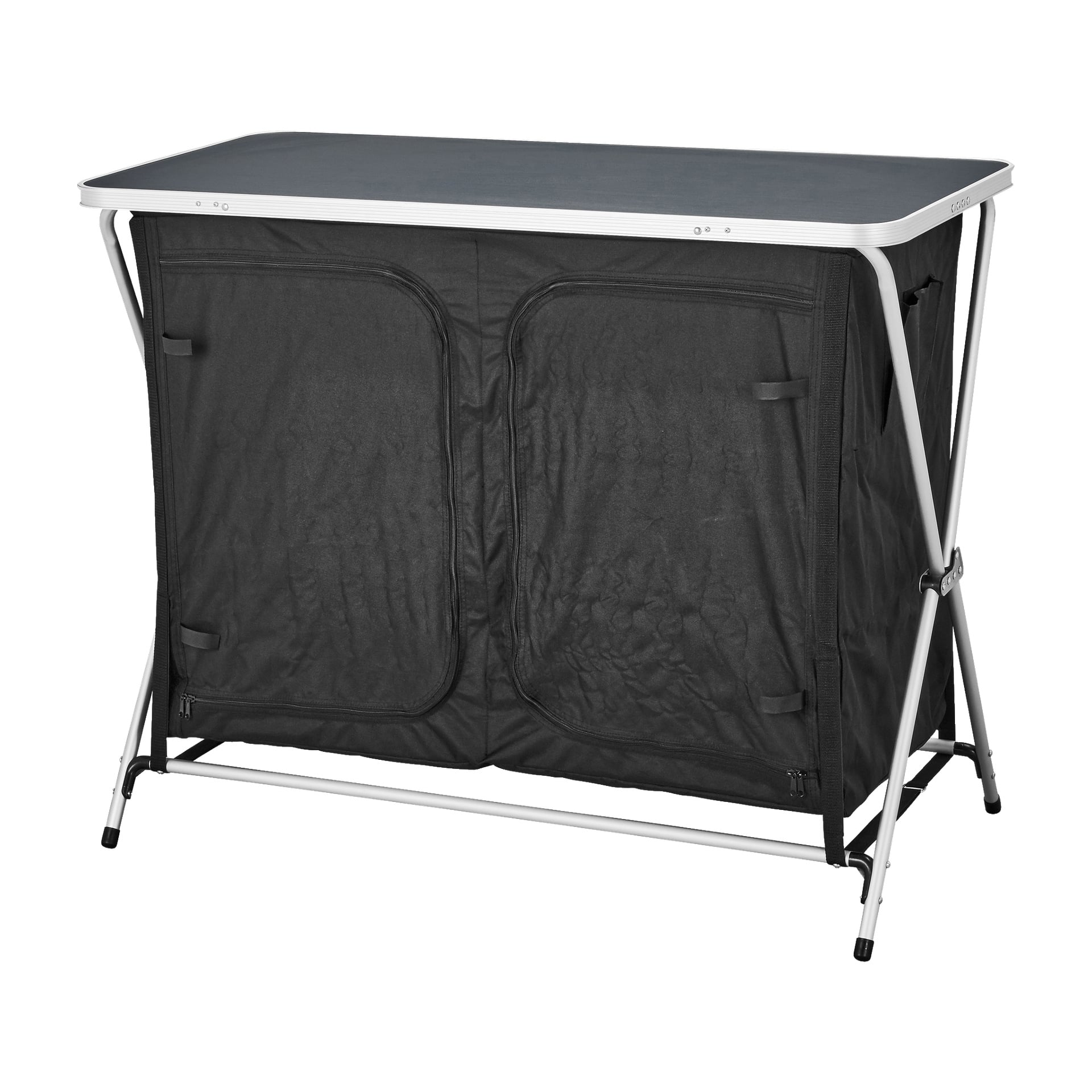 Kayoba Camping Cabinet 8 Pieces: ett kompakt campingkök med en svart tygförvaringssektion som har två dörrar med dragkedja, en solid rektangulär bordsskiva ovanför och en robust silverfärgad metallram som fälls ihop för enkel transport.