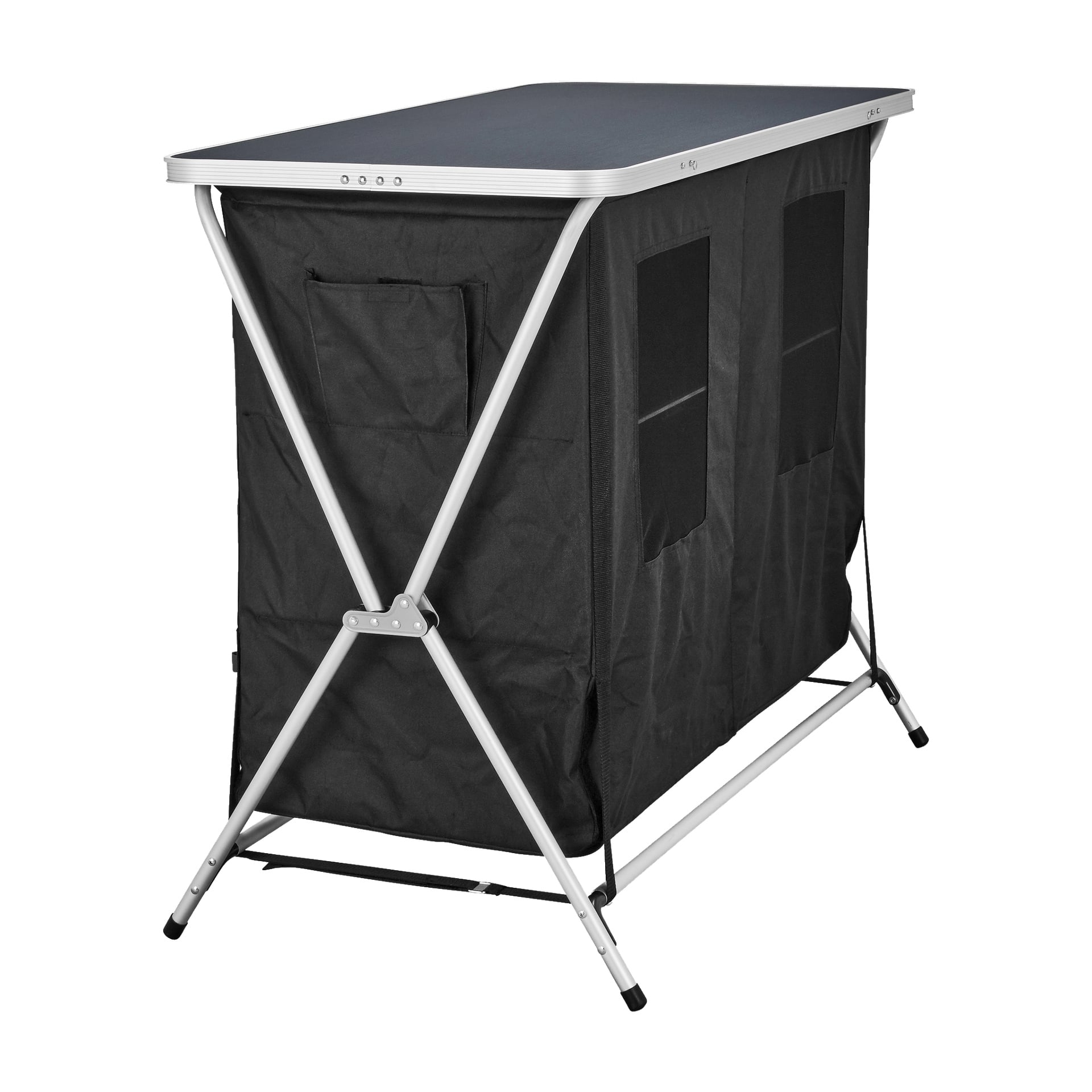 Kayoba Camping Cabinet 8 Pieces är en rektangulär portabel förvaringsenhet med grå metallram och svart tygfasad. Den har sidofickor, nätfönster för ventilation och har hopfällbara X-formade ben för stabilitet.