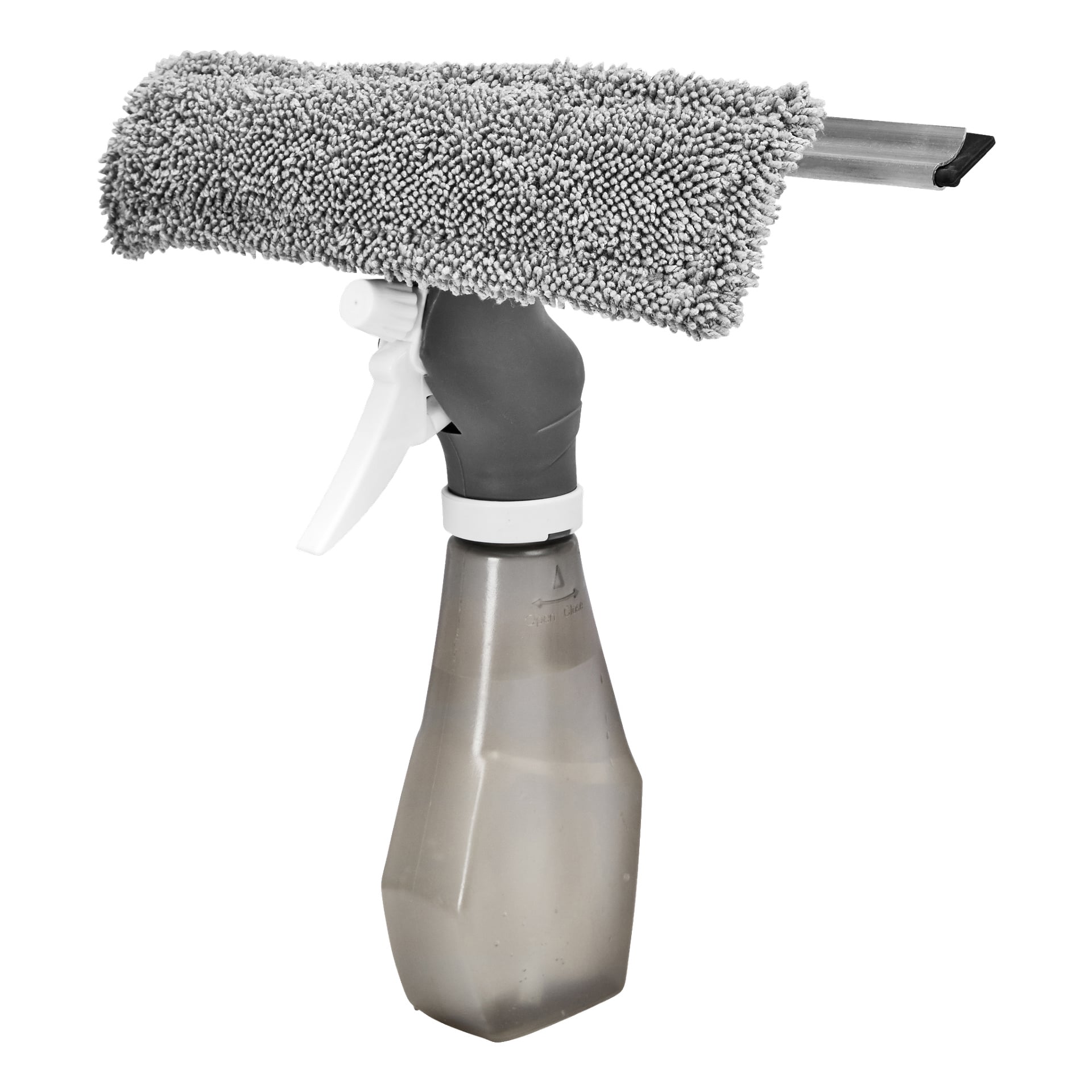 Menuett Window Cleaner 3-i-1 har ett grått och vitt handtag, en halvgenomskinlig plastsprayflaska och levereras med en fastsatt grå mikrofiberplatta och en rapor.