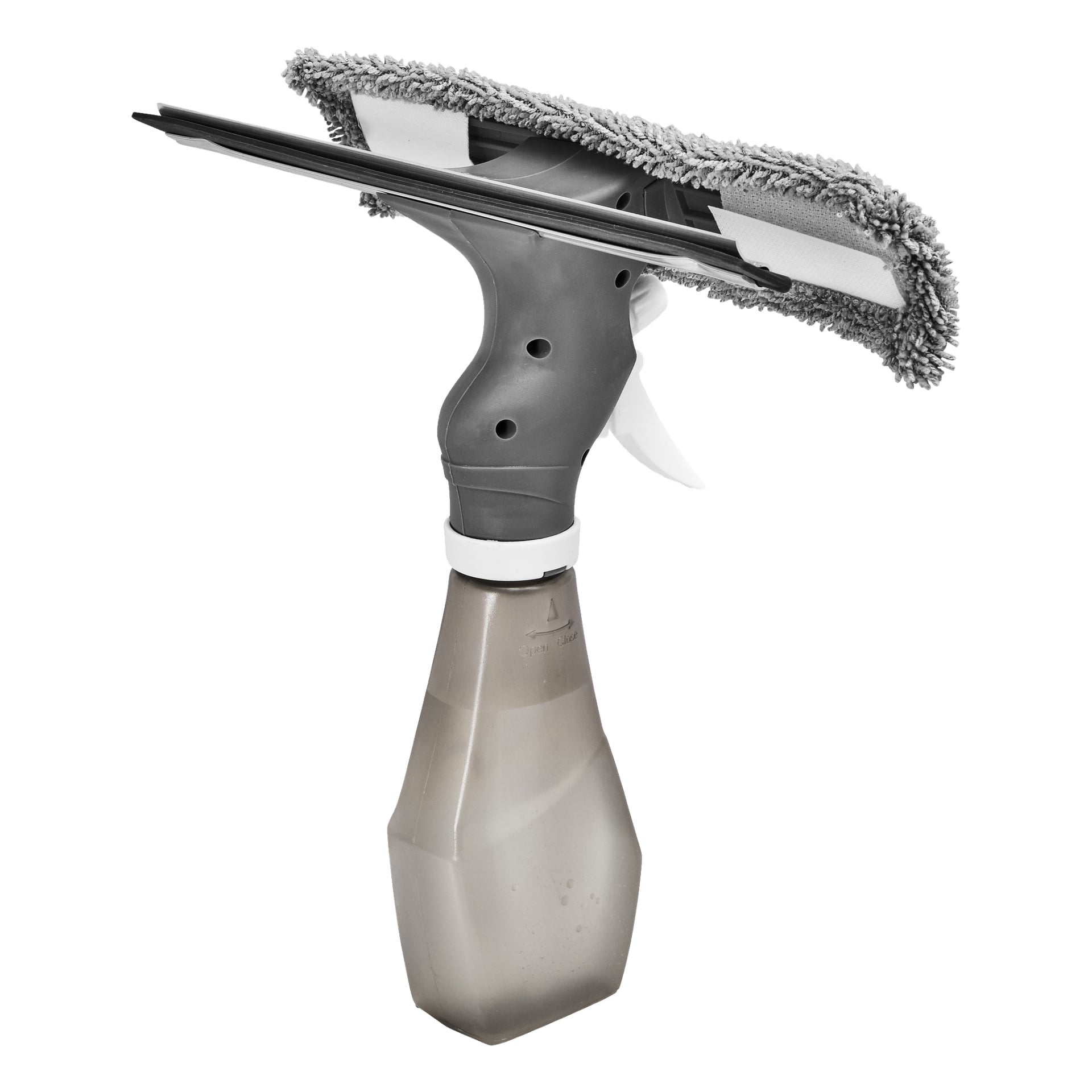 En grå och vit Menuett Window Cleaner 3-i-1 sprayflaska, delvis fylld med vätska, levereras med en inbyggd skrapa och en mikrofiberduk designad för att rengöra glas eller fönster.