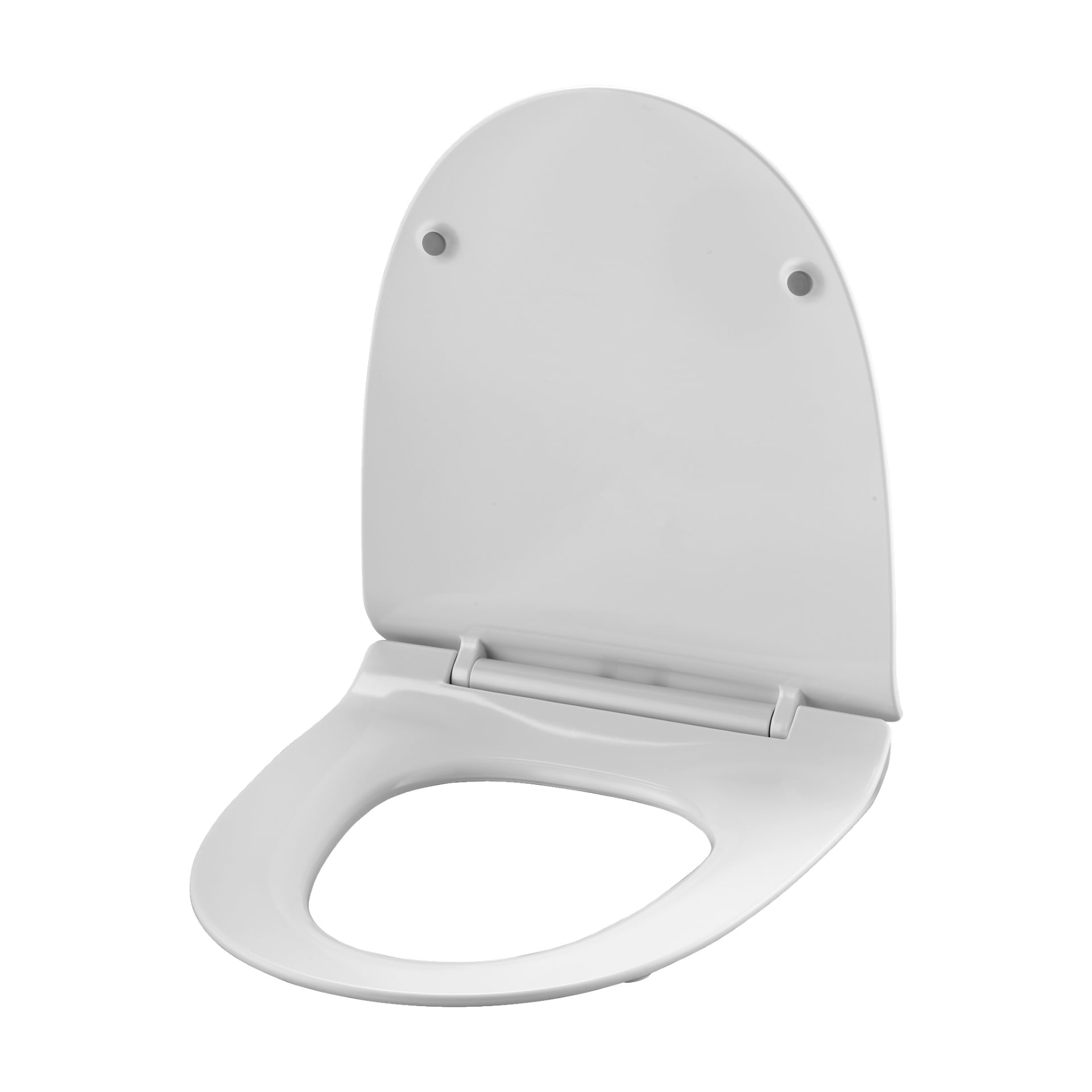 En vit Curaqua toalettstol med blank plastyta syns på bilden, locket är uppställt så att både sitsen och locket syns.