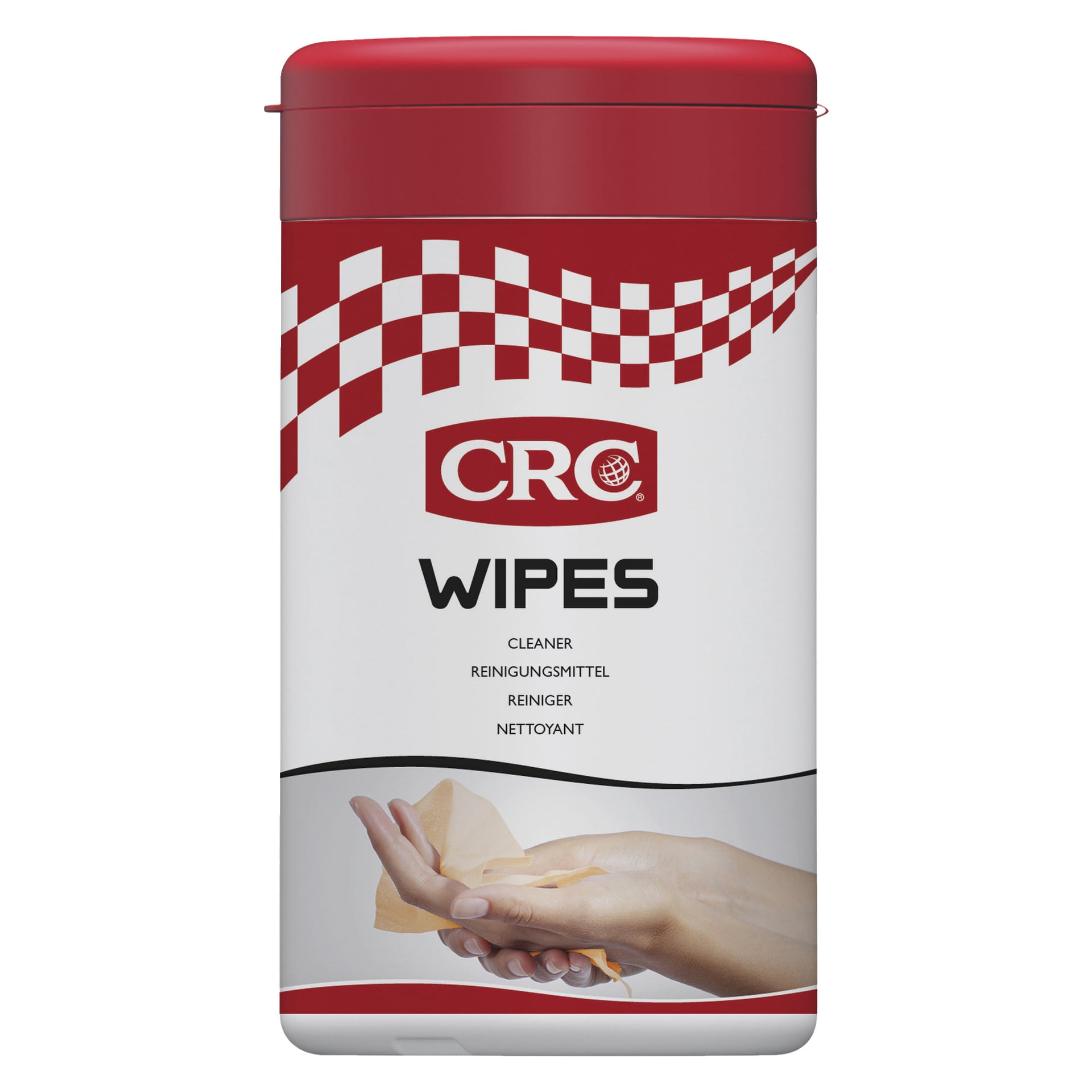 En sylindrisk beholder med CRC Cleaning Cloths 50-pakke med rødt lokk og et rødt og hvitt rutete design, vist med en hånd som trekker ut en rengjøringsklut. Produktinformasjon vises på etiketten.