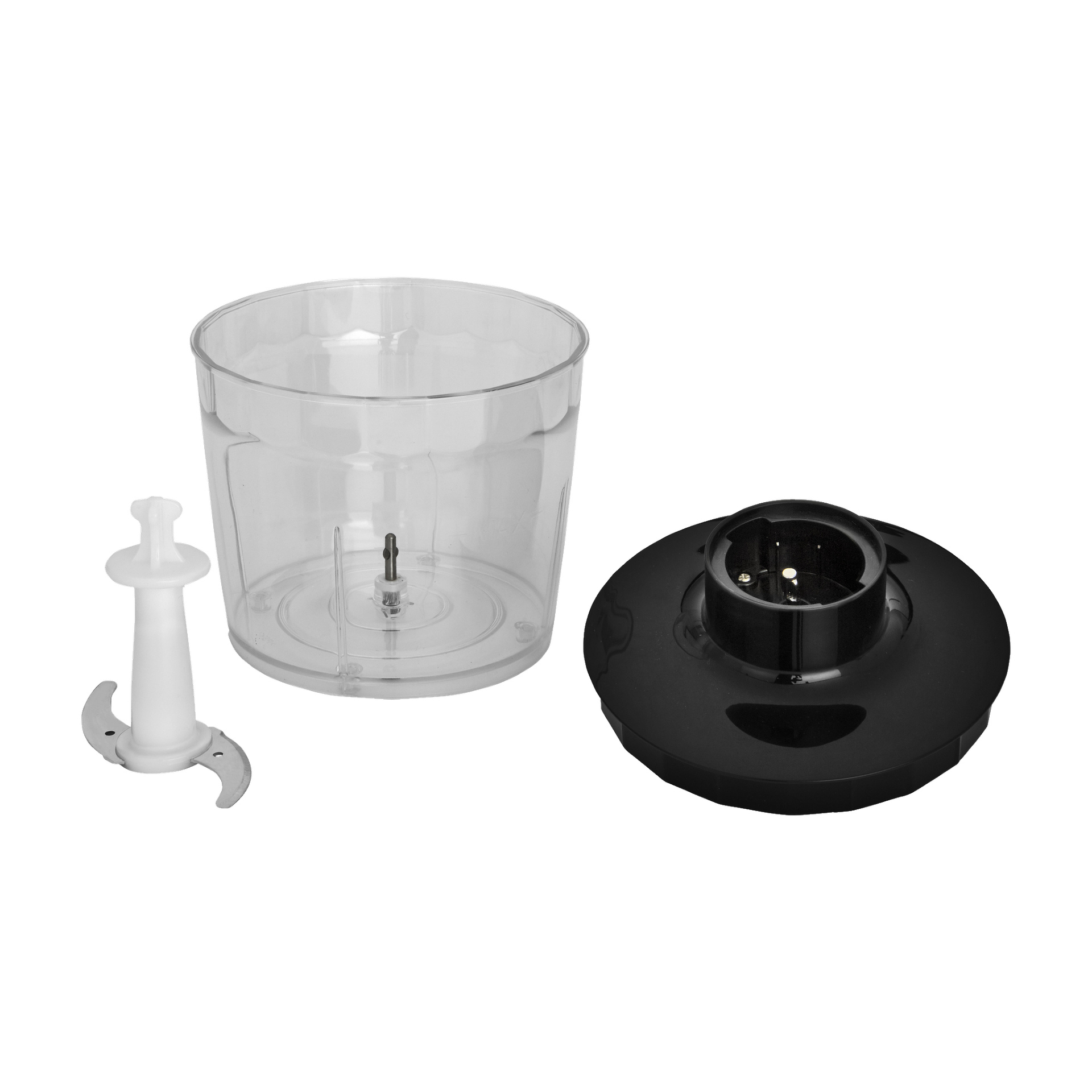 Menuett Hand Blender -setissä on kirkas muovikulho, valkoinen teräliitin, jossa on metalliset terät, sekä musta pohja, jossa on sähköinen liitin.