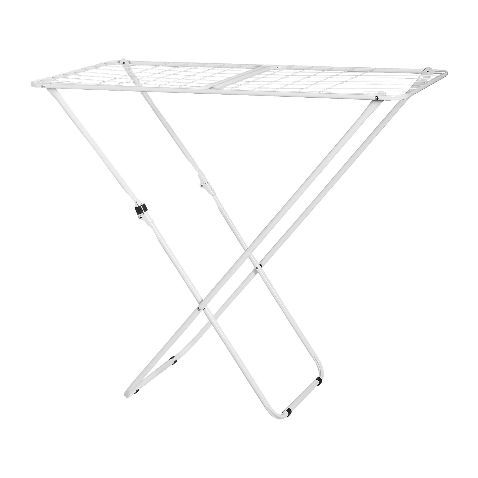 Et helt åpent hvitt Menuett-tørkestativ med et rutenett for klesvask og solide korslagte metallben.