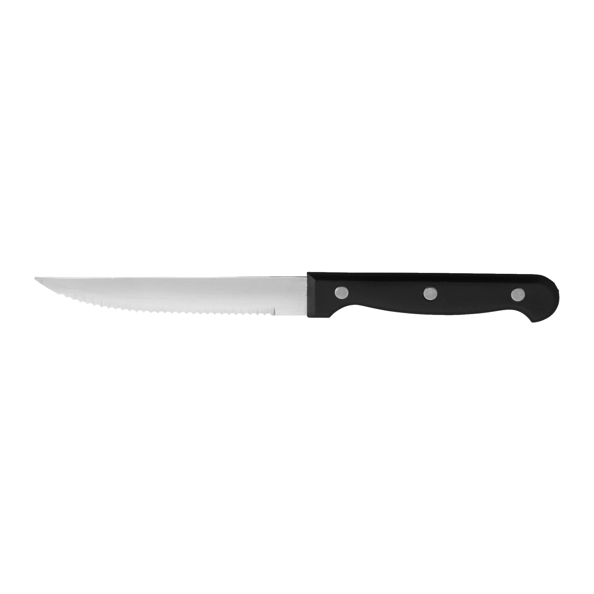 Ząbkowany nóż kuchenny z 8-częściowego zestawu Menuett Grill cutlery, z ostrzem ze stali nierdzewnej i czarną rękojeścią z trzema metalowymi nitami.