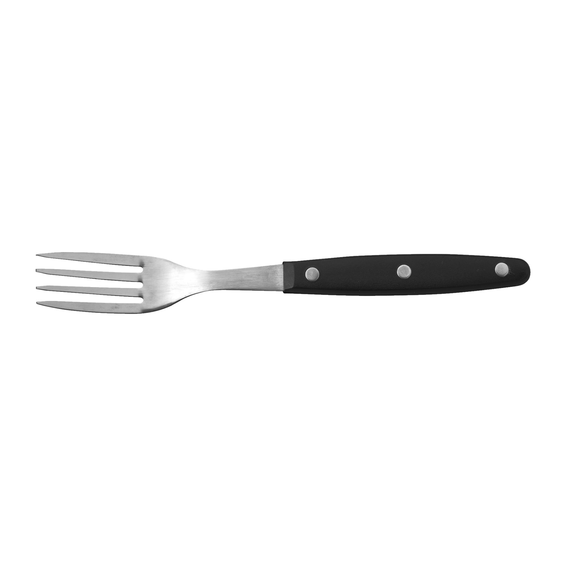 Widelec z zestawu 8-częściowego zestawu sztućców Menuett Grill, z czarną rączką z trzema nitami i czterema zębami, co czyni go typowym sztućcem.