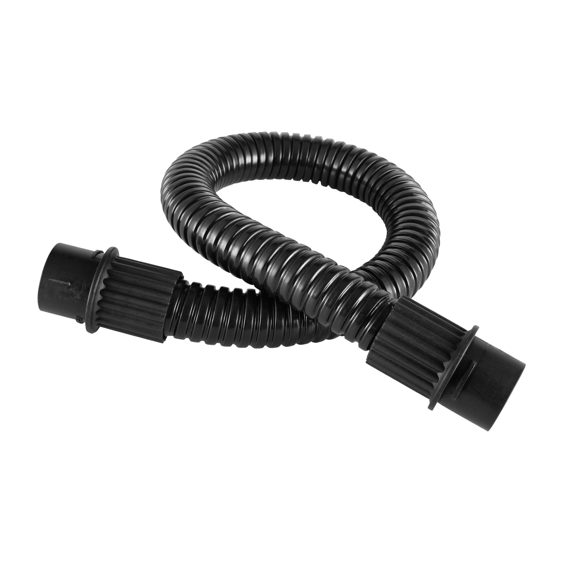 Meec Tools Ash Vacuum -mallin musta, uurrettu ja joustava letku, jossa on liittimet molemmissa päissä, on kierretty S-muotoon.
