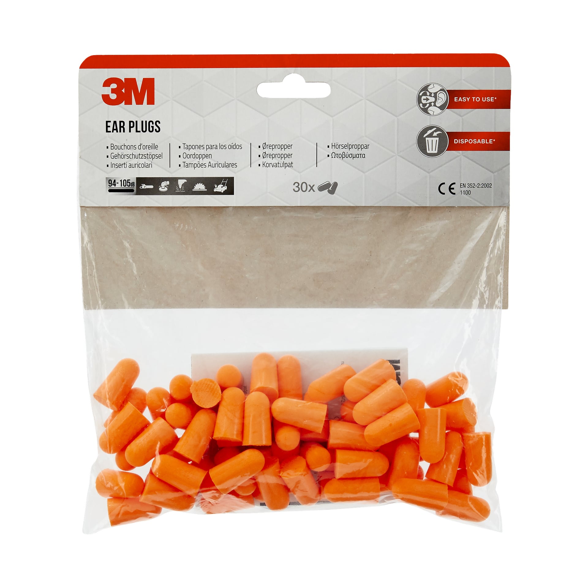 Przezroczysta plastikowa torba mieści 30 pomarańczowych zatyczek do uszu i wyświetla napis "Earplugs 30 pack" z logo 3M. Górna część opakowania ma czerwono-biały wzór, szczegóły produktu oraz ikony wskazujące, że zatyczki do uszu są jednorazowe i łatwe w użyciu.