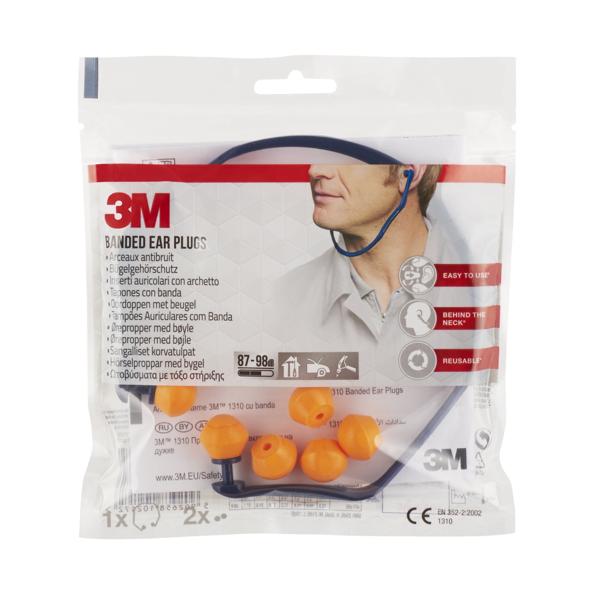 Ett 3M öronproppspaket med orangea proppar fästa på ett blått band. Förpackningen innehåller produktinformation, ikoner för vägledning och en illustration som visar någon som bär öronpropparna runt halsen.