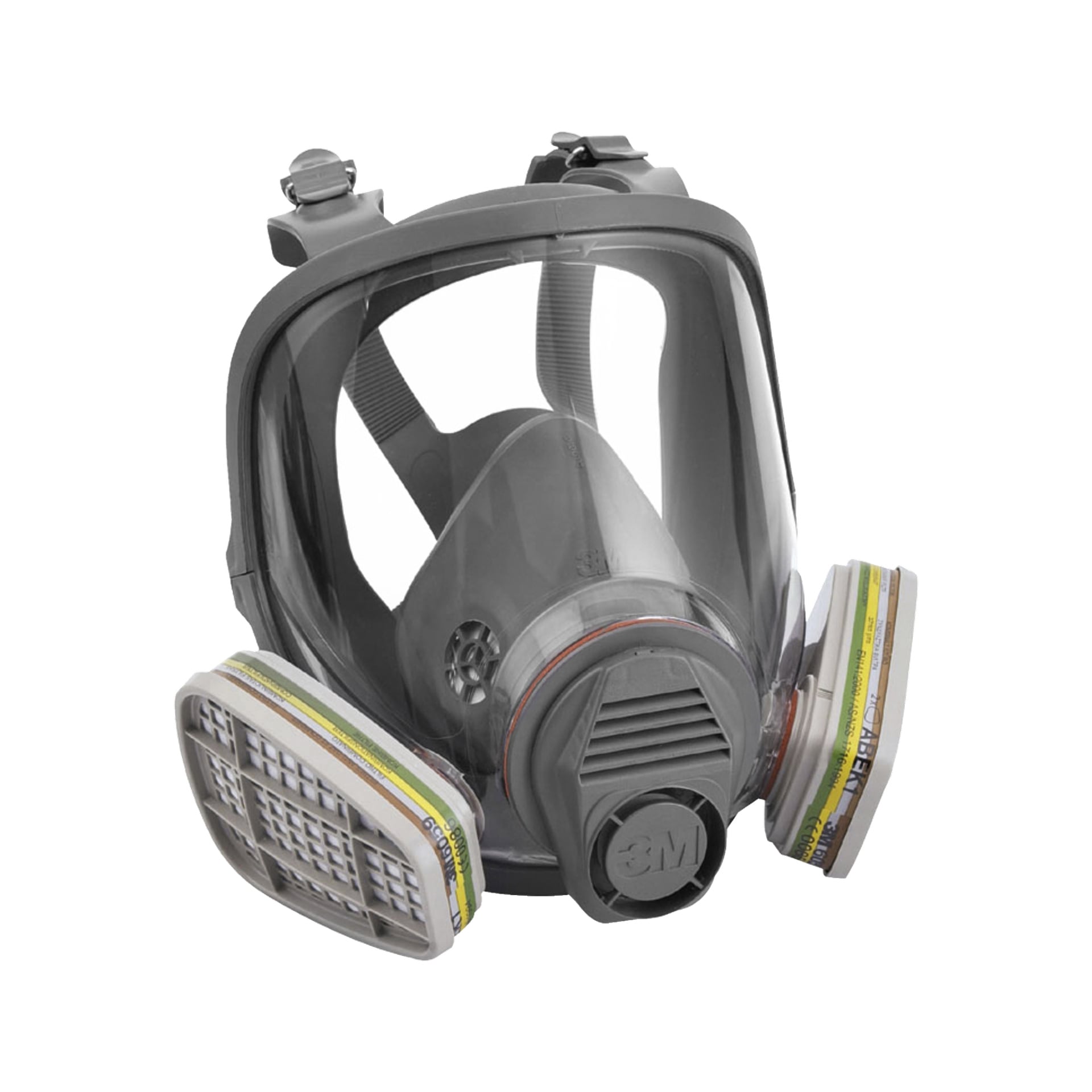 En grå 3M Full Face Mask 6800 med doble filterpatroner, gjennomsiktig visir, justerbare hodestropper og 3M-logoen foran.