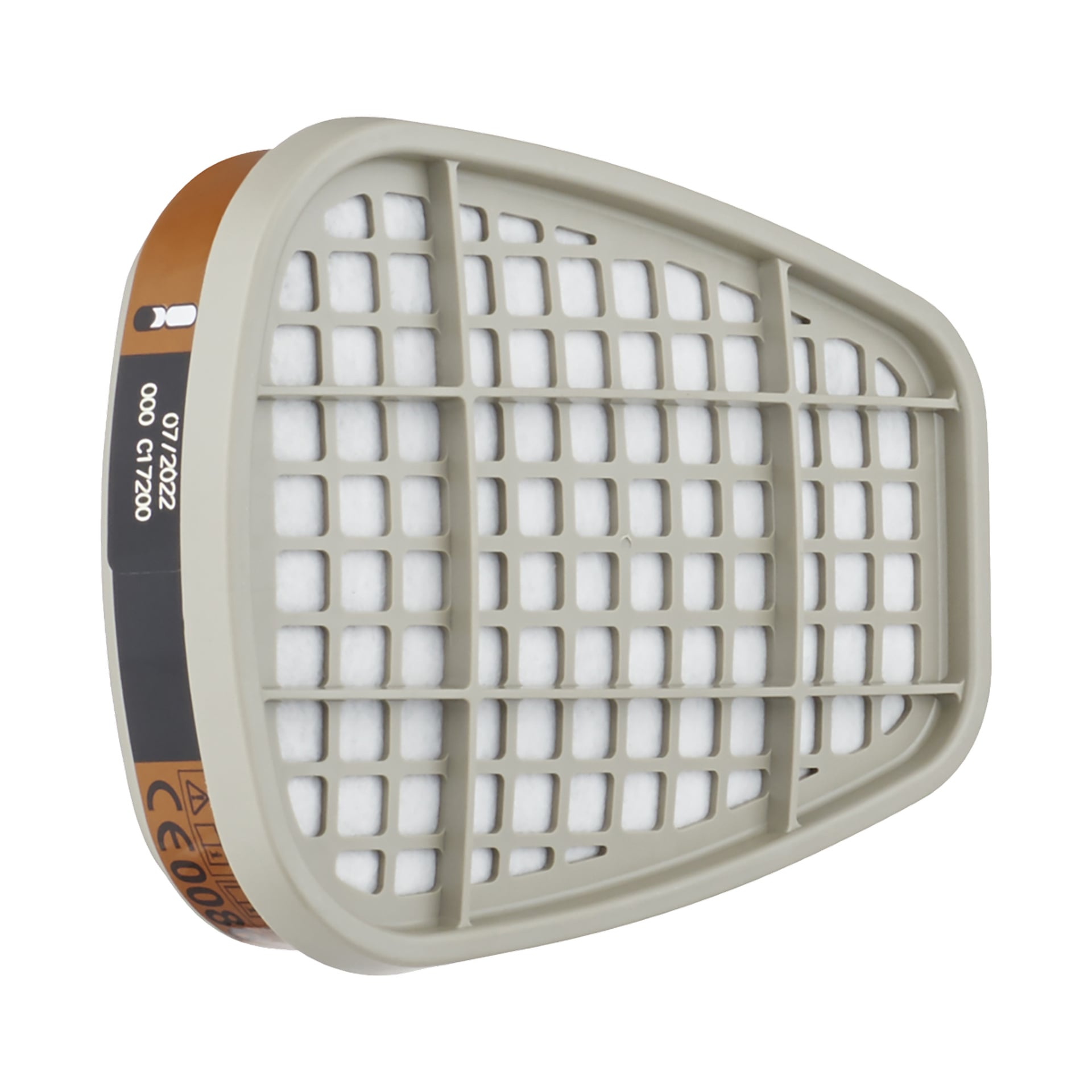 En närbild av ett beige, rektangulärt 3M Replacement Filter 6055 designat för användning med andningsmaskar. Filtret visar ett rutnätsmönster på sin frontpanel och har svarta, bruna och orange etiketter längs sidan.