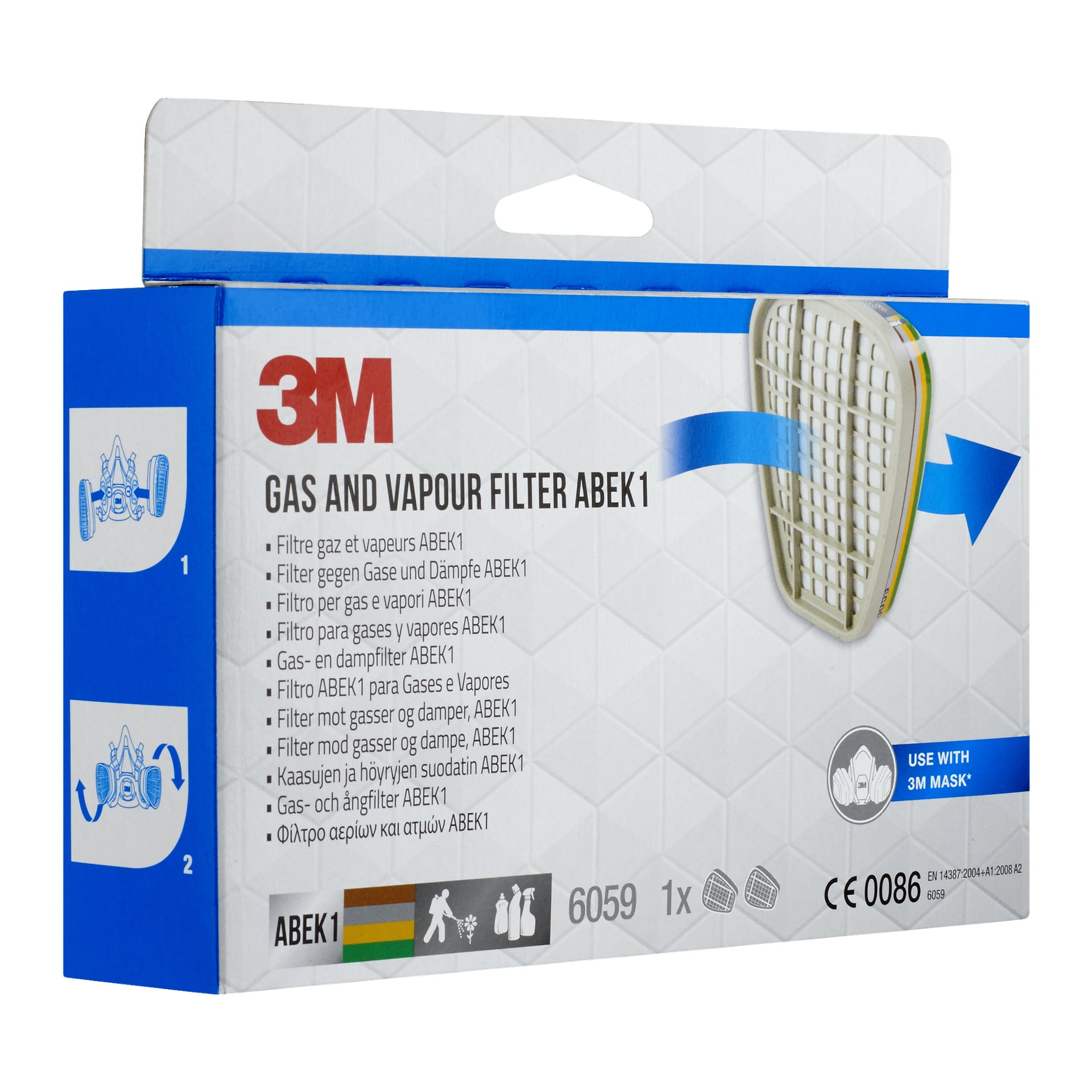 3M ABEK1 filter 6059, topakningsboks med blå aksenter viser et bilde av filtrene, illustrerte bruksanvisninger og kompatibilitetssymboler. Emballasjen sier at den passer 3M-masker og gir beskyttelse mot gasser og damp.