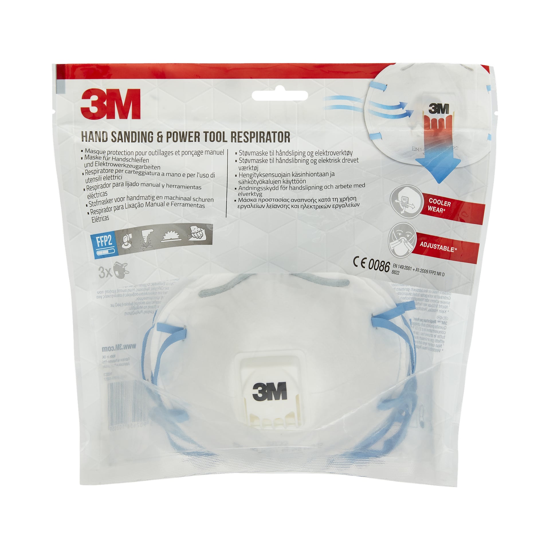 Tre 3M 8822-filtermasker är synliga i sin förseglade förpackning och visar produktdetaljer, användningsillustrationer och den igenkännbara 3M-logotypen. Andningsskydden har blå remmar och vita filter med 3M-logotypen tydligt synlig på varje mask.
