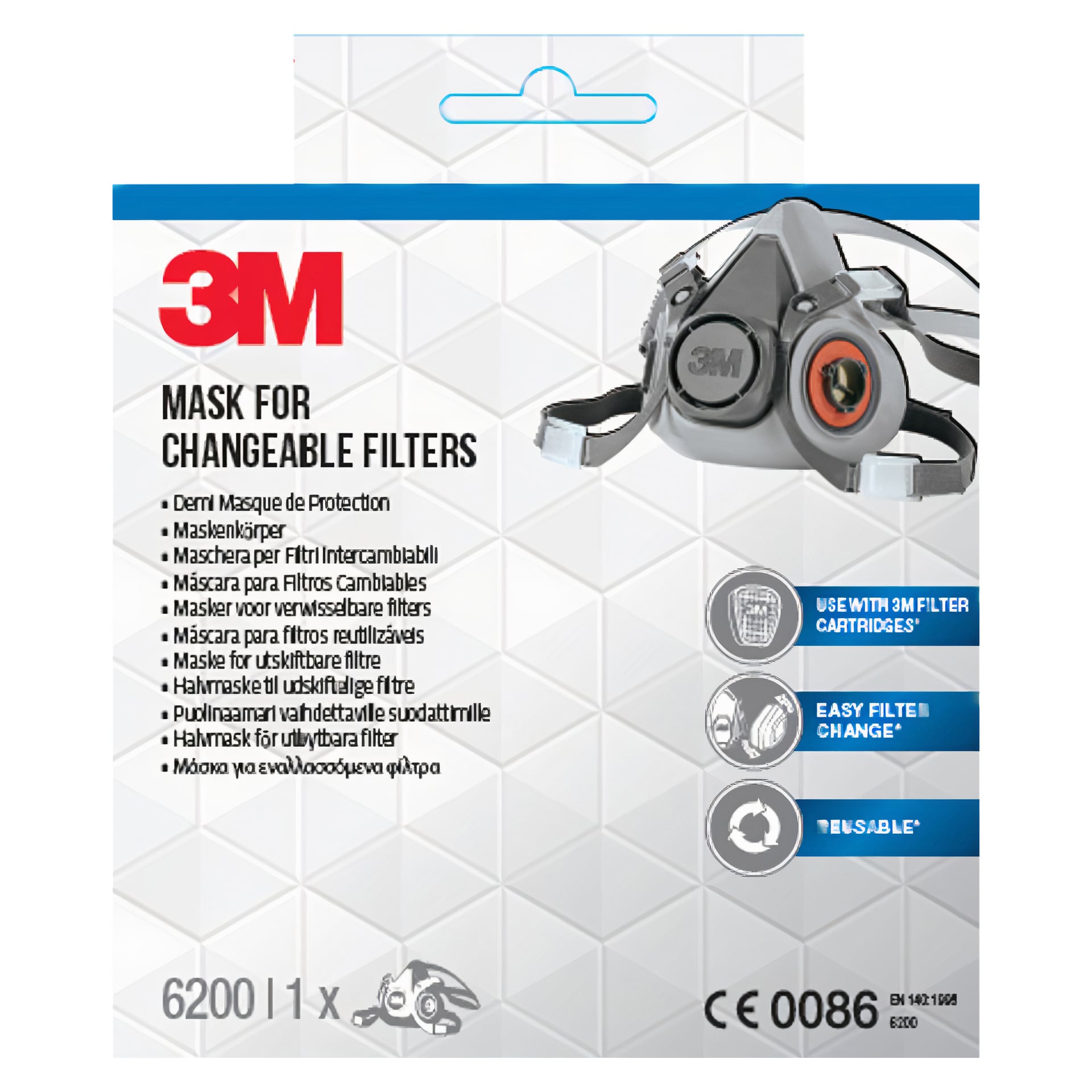 Opakowanie 3M Half Mask 6200B przedstawia szary, wielokrotnego użytku respirator z wymiennymi filtrami, ikony podkreślające prosty system wymiany filtrów oraz szczegóły produktu wraz z numerem modelu 6200B.