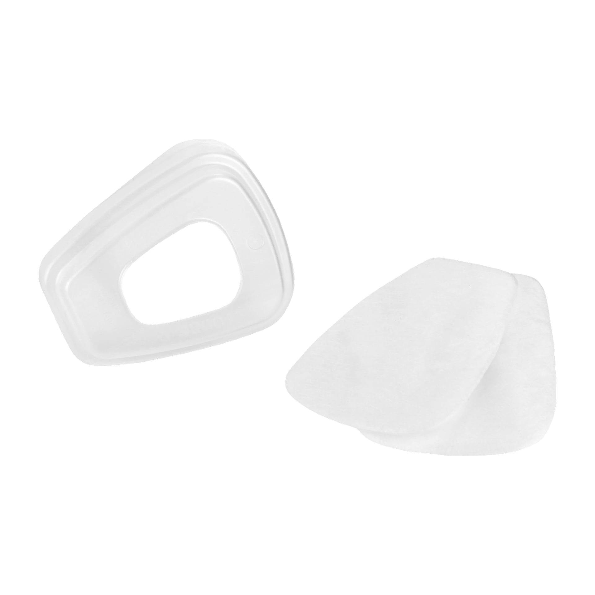 Pokazano dwupak 3M Replacement Filters 5935, w tym białą prostokątną pokrywę filtra respiratora z otwartym środkiem obok dwóch białych, owalnych podkładek zamiennych.