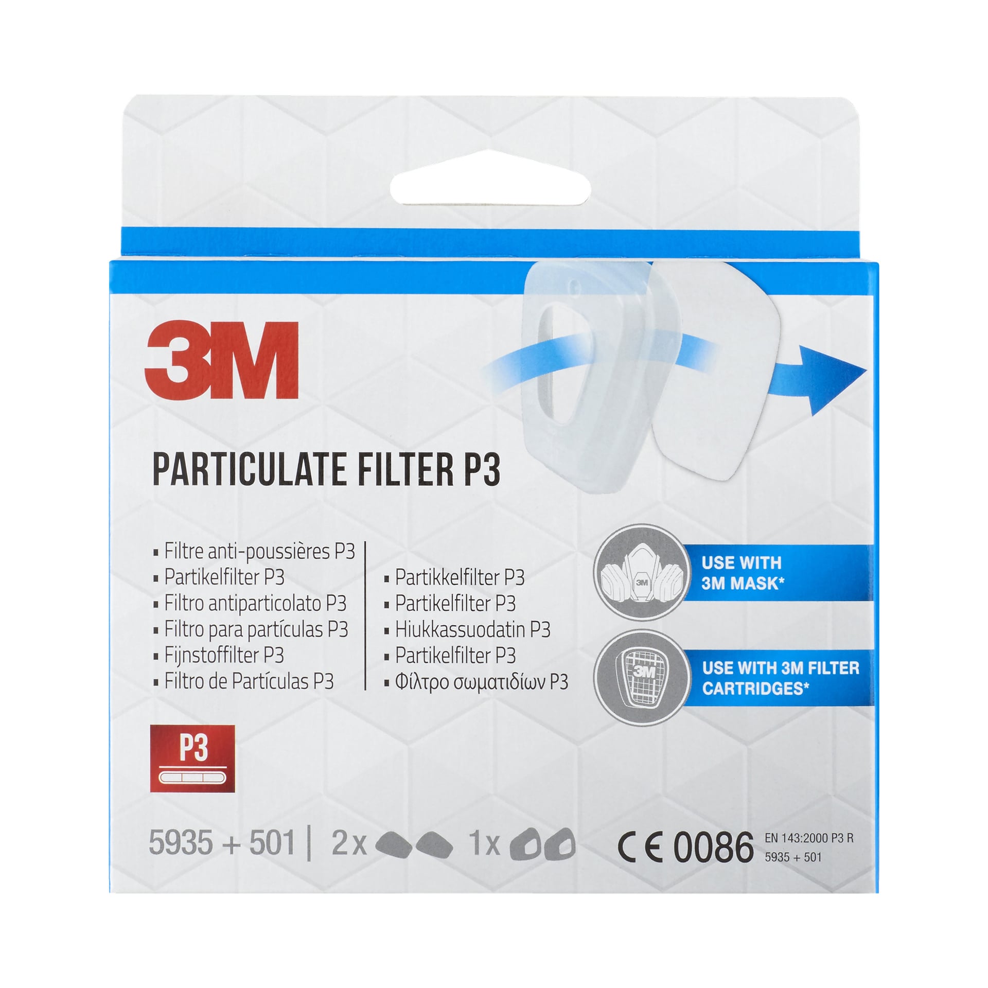 Opakowanie 3M Replacement Filters 5935 2 zawiera obraz filtrów, różne teksty oraz ikony pokazujące kompatybilne produkty i ilość. Projekt jest niebiesko-biały z wyraźnym czerwonym logo 3M oraz informacjami certyfikacyjnymi na dole.