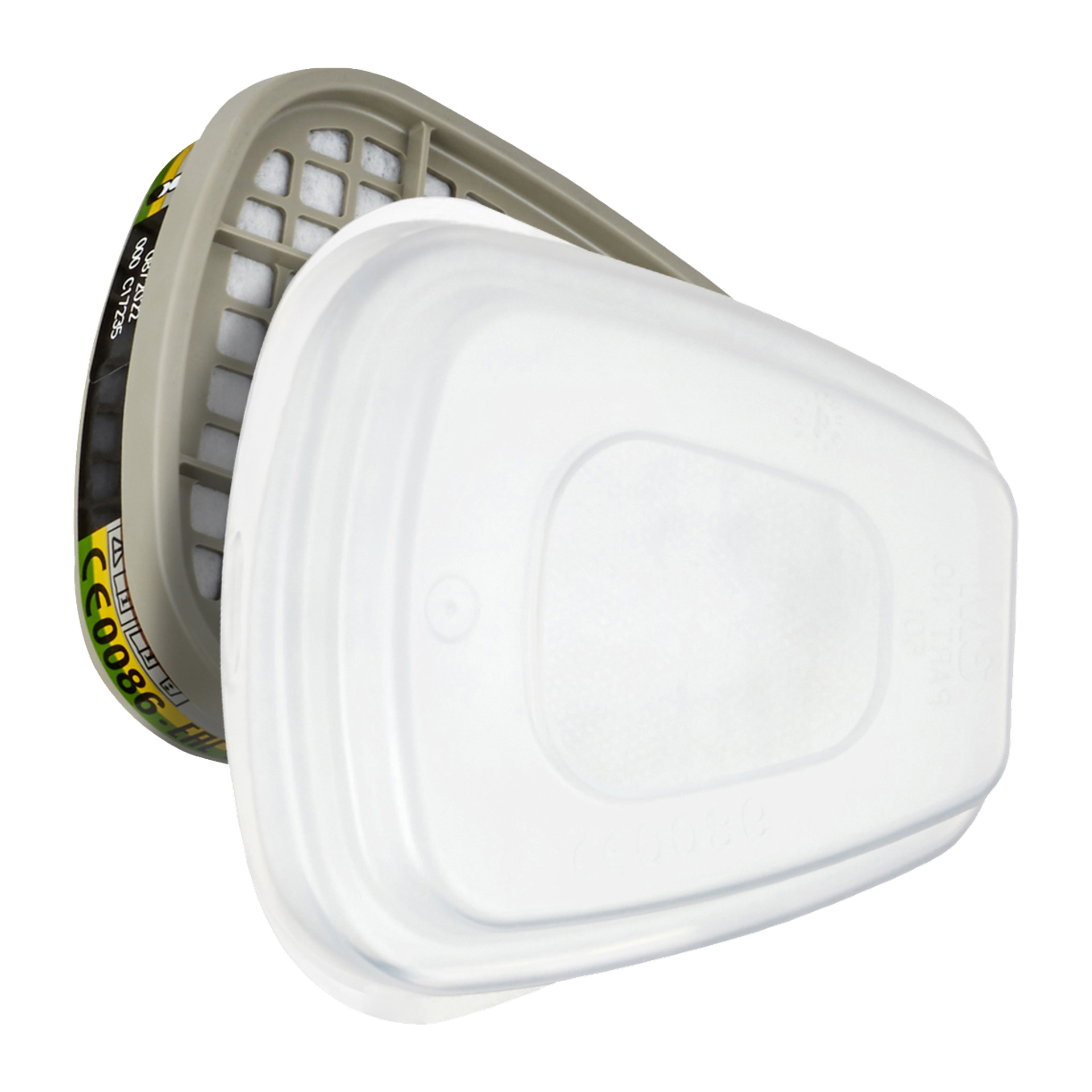 Zbliżenie dwóch nakładających się filtrów 3M Replacement Filters 5935 (2 opakowania), pokazujące prostokątne kartridże w kolorze szaro-białym z plastikowymi osłonkami.