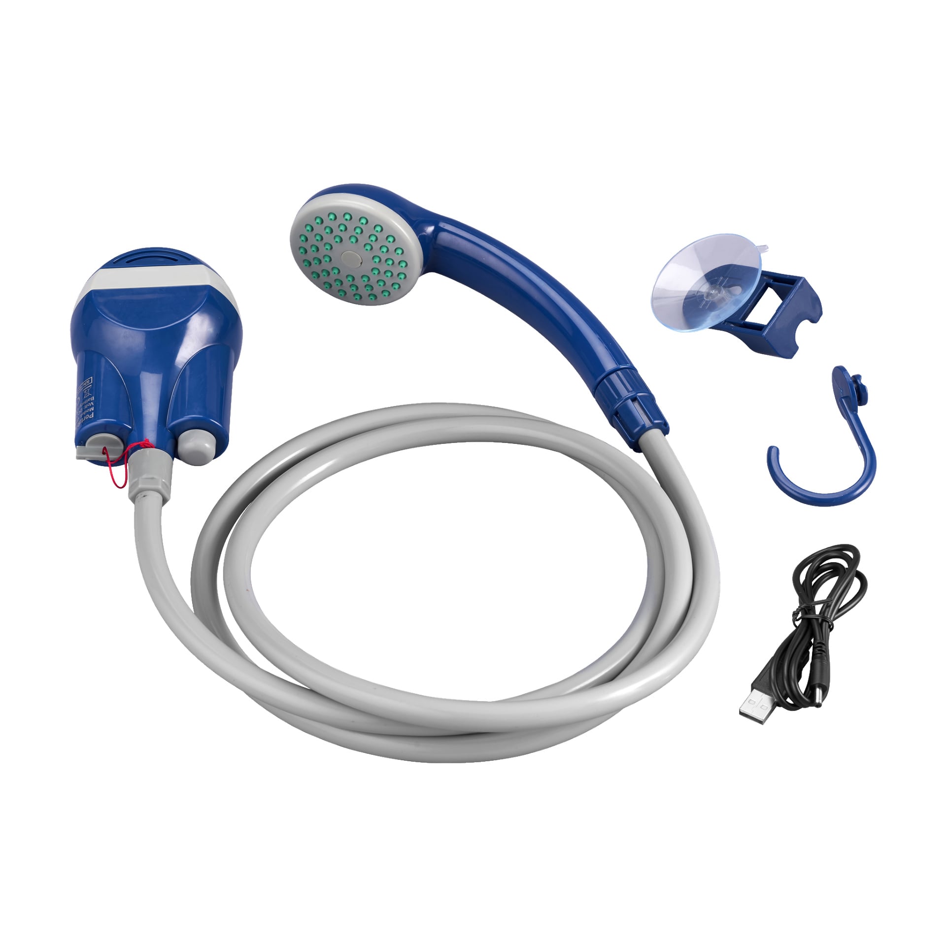 Kayoba Outdoor Camping Shower är ett kompakt, handhållet duschkit som inkluderar ett blått duschmunstuk, en ansluten slang, batteripack, sugkopphållare, krok och USB-laddningskabel.
