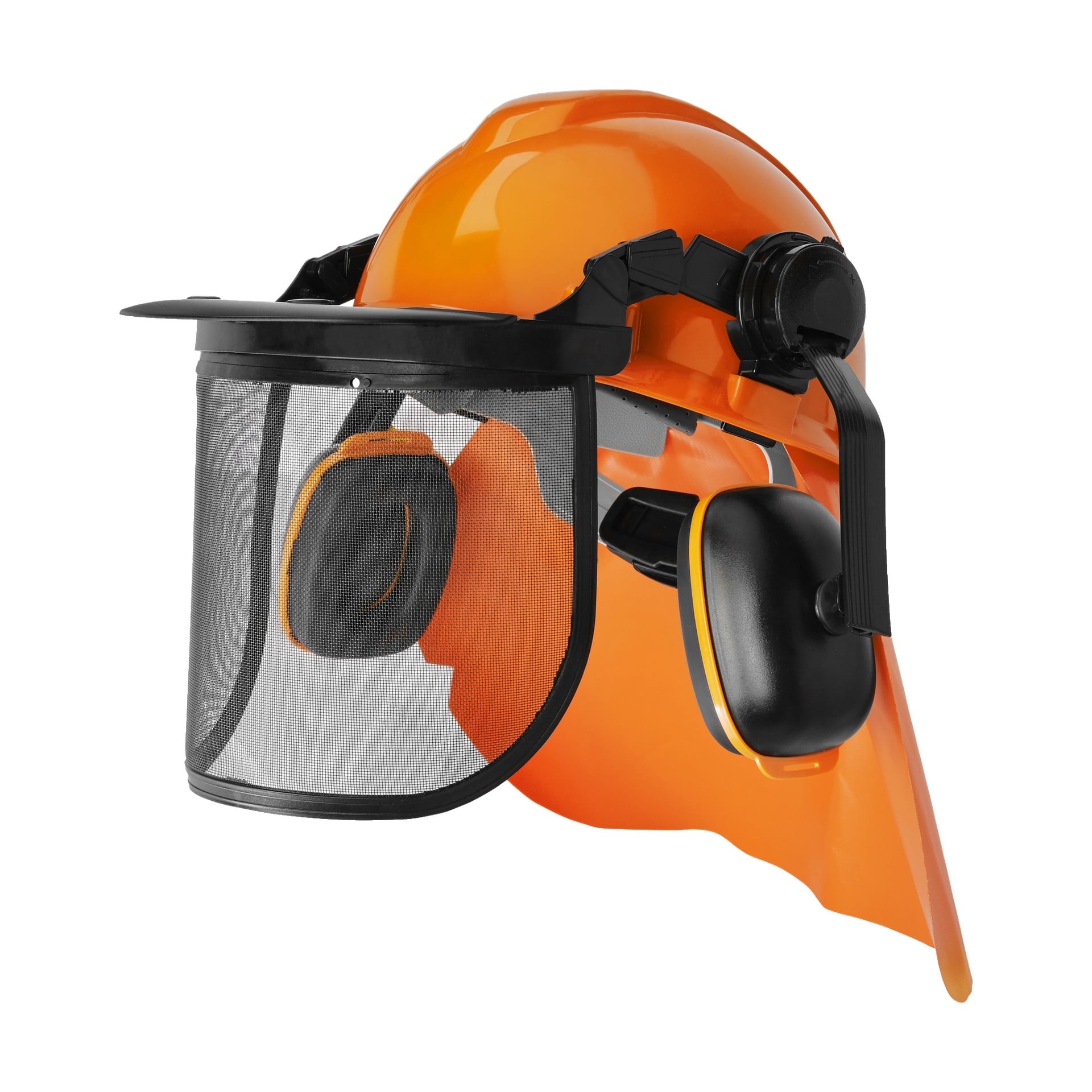 Ett Bluewear Forestry-hjälmset inkluderar en orange säkerhetshjälm med nätskydd och svarta hörselskydd, avsedd för industriella eller skogsbruk.