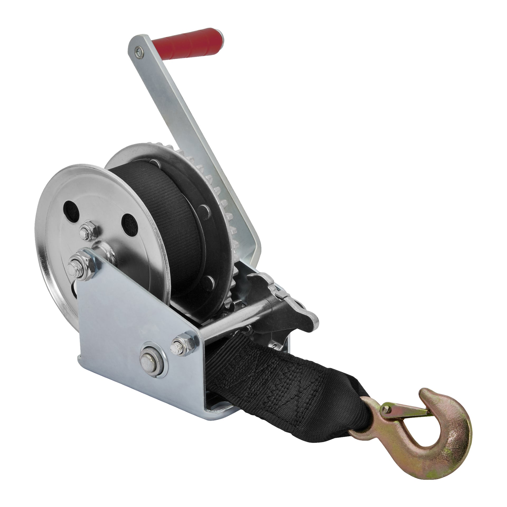 Hamron Handvinsch är utrustad med ett rött vevhandtag, en svart rem och en robust metallkrok. Tillverkad av stark metall och med en exponerad kuggmekanism fästs kroken säkert vid remmens spets.