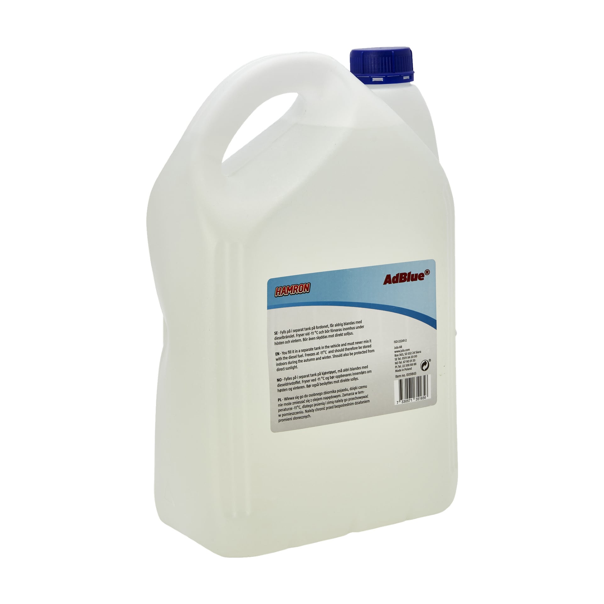 En vit plastkanna med blå lock, med en Hamron Reducer AdBlue-etikett® som innehåller produktdetaljer och en streckkod. Kannan har ett integrerat handtag för enkel bärning.