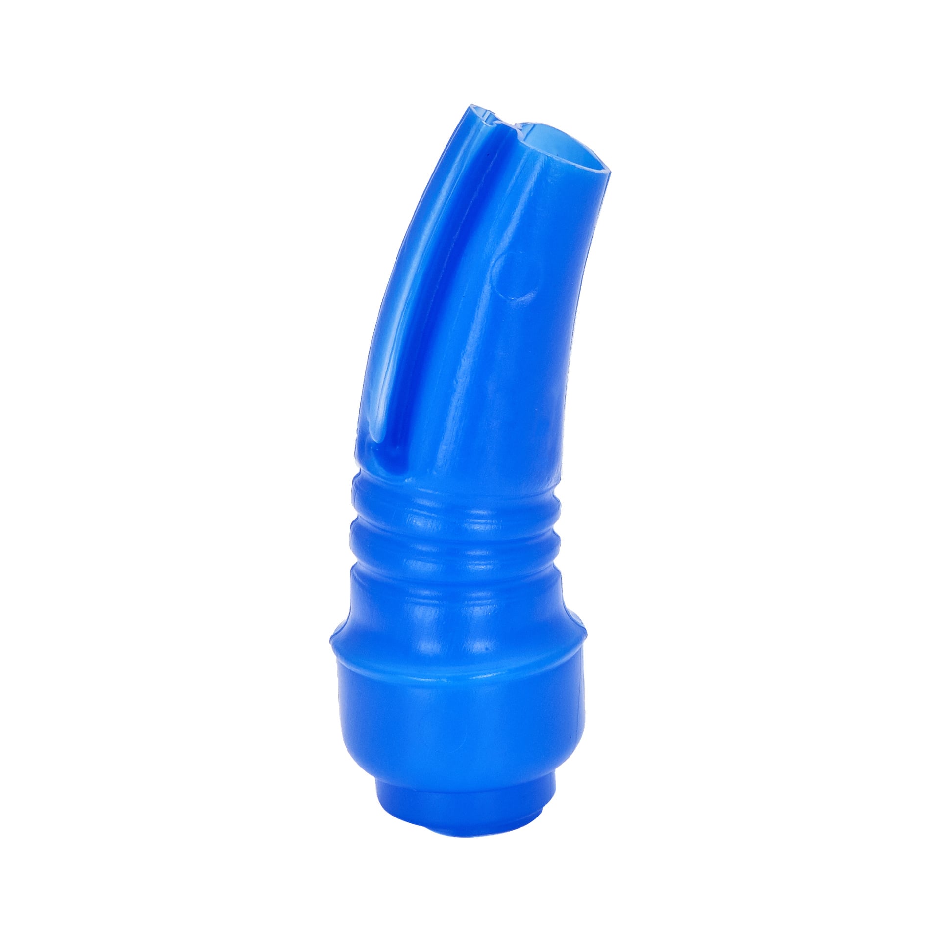 Ett blått plastmunstycke från Hamron Reducer AdBlue® med räfflad mitt, en lätt vinklad, avsmalnande spets och en bred bas.